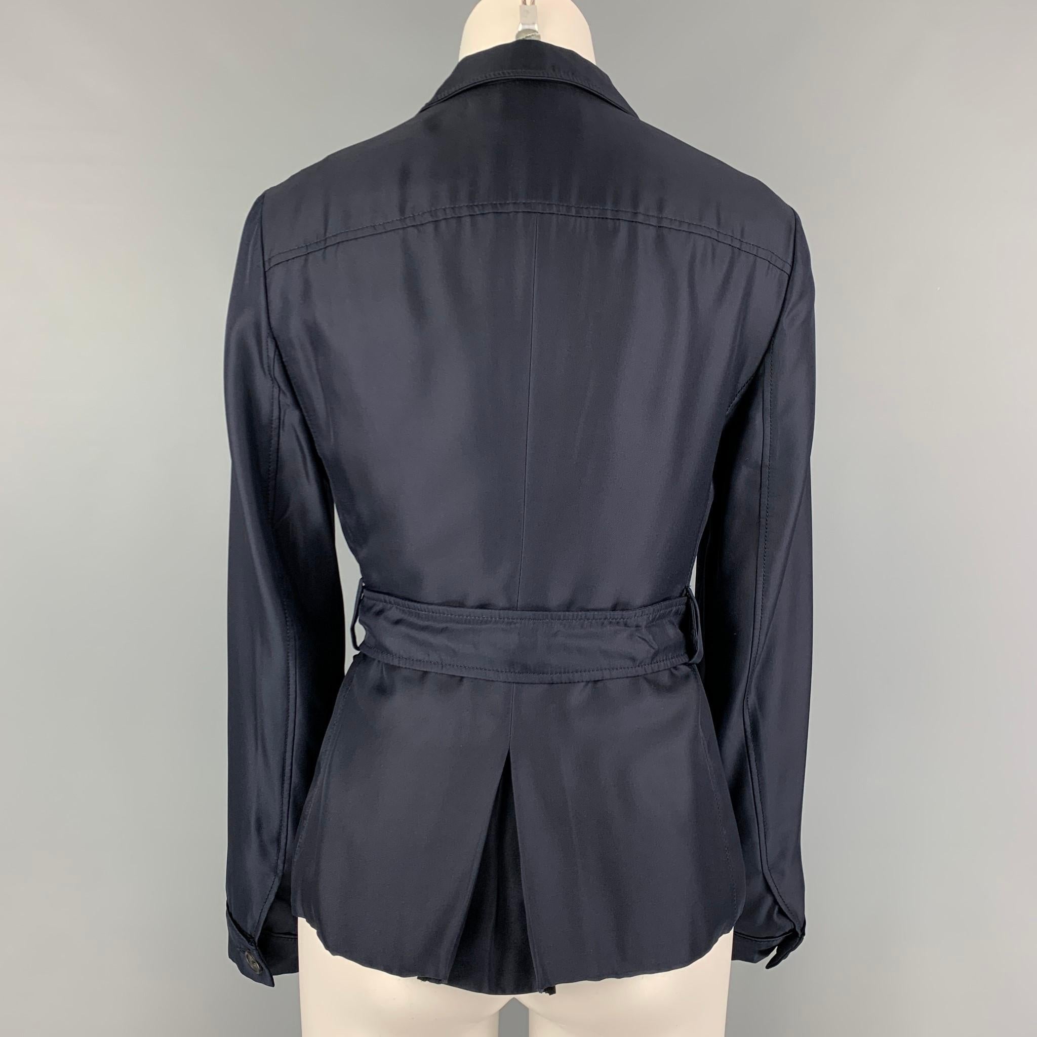 PRADA Size 4 Navy Silk Single Breasted Belted Jacket In Good Condition In San Francisco, CA