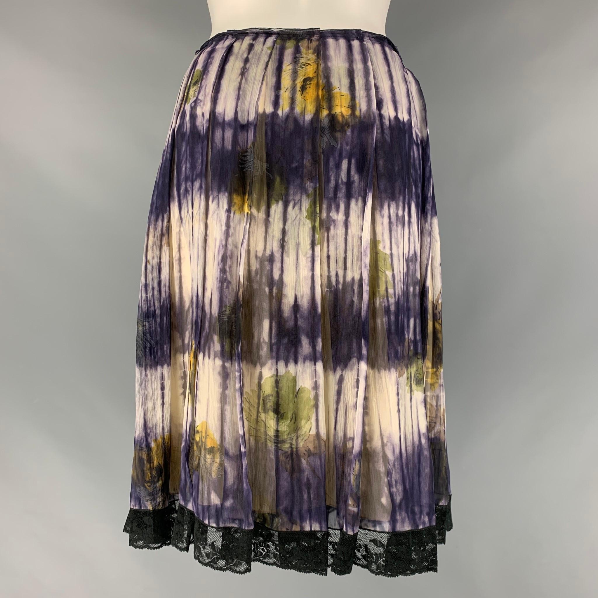 Women's PRADA Size 4 Purple & Cream Silk Floral Pleated Skirt