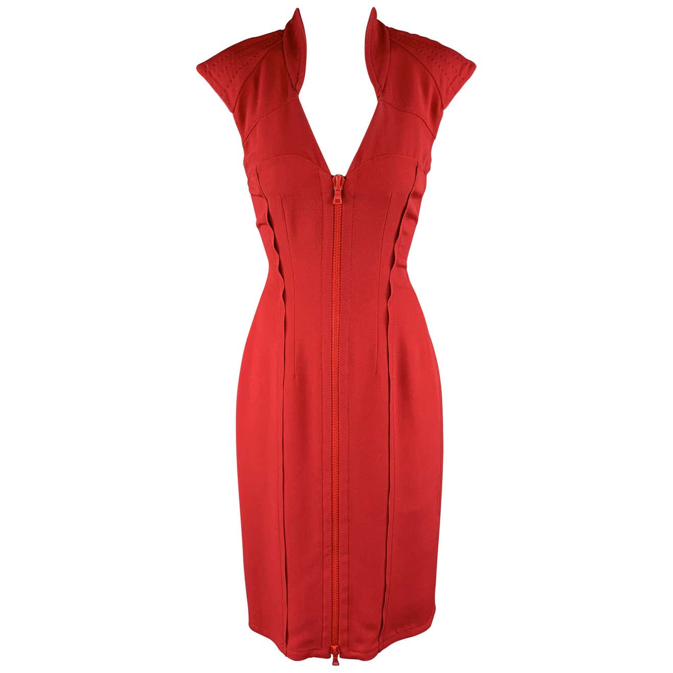 PRADA Size 4 Red V Neck Double Zip Sheath Dress at 1stDibs