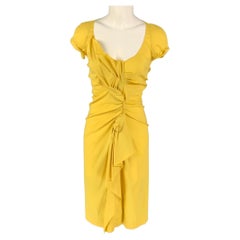 PRADA Size 4 Yellow Cotton Blend Ruched Short Sleeve Dress
