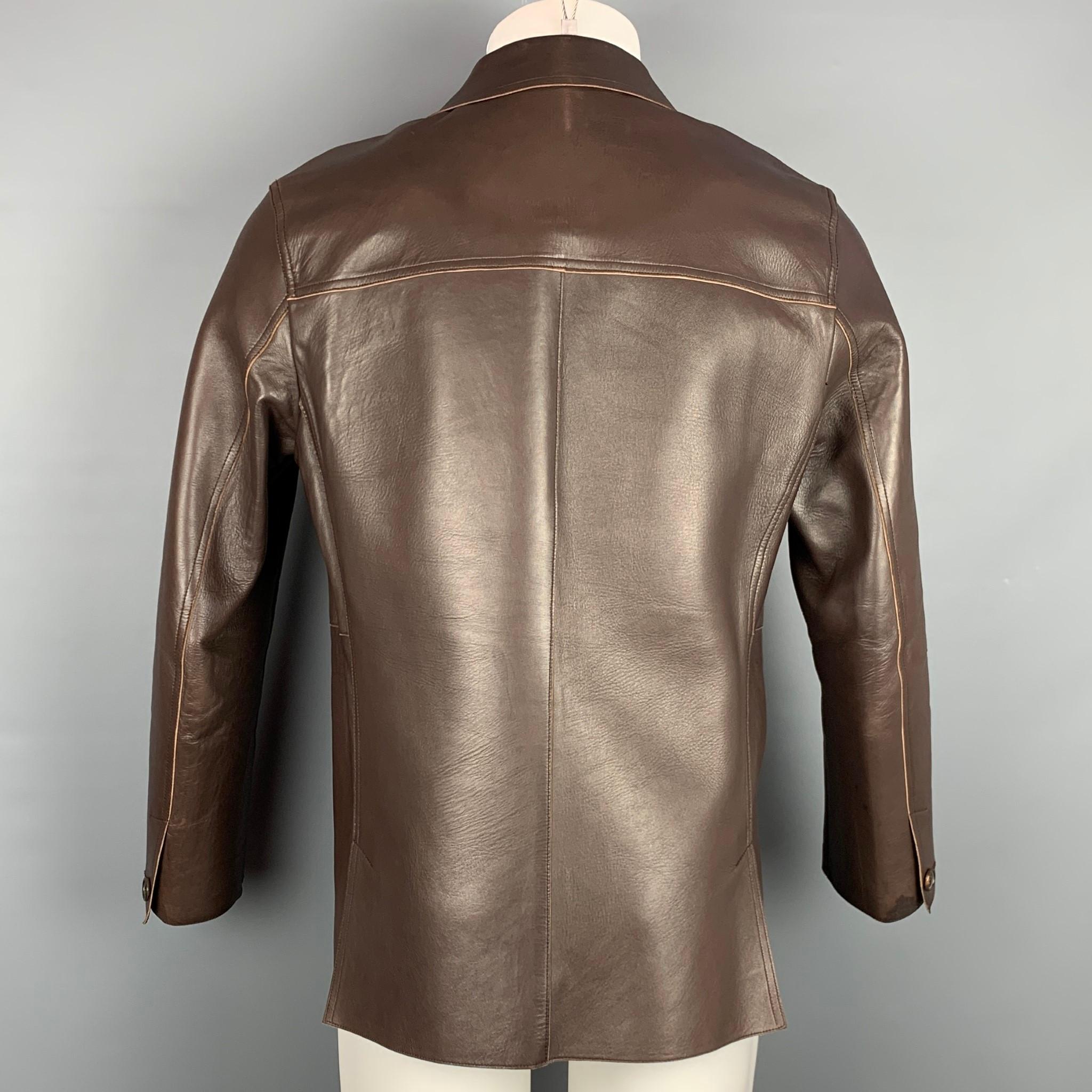 PRADA Size 40 Brown Leather Slit Pockets Jacket In Good Condition In San Francisco, CA