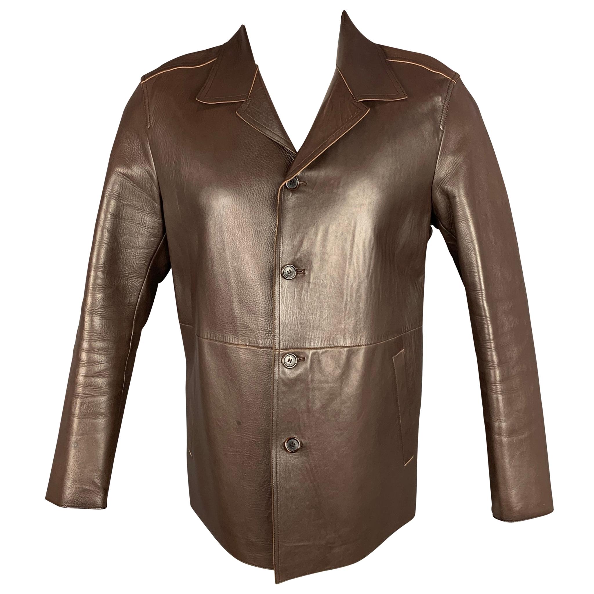 PRADA Size 40 Brown Leather Slit Pockets Jacket