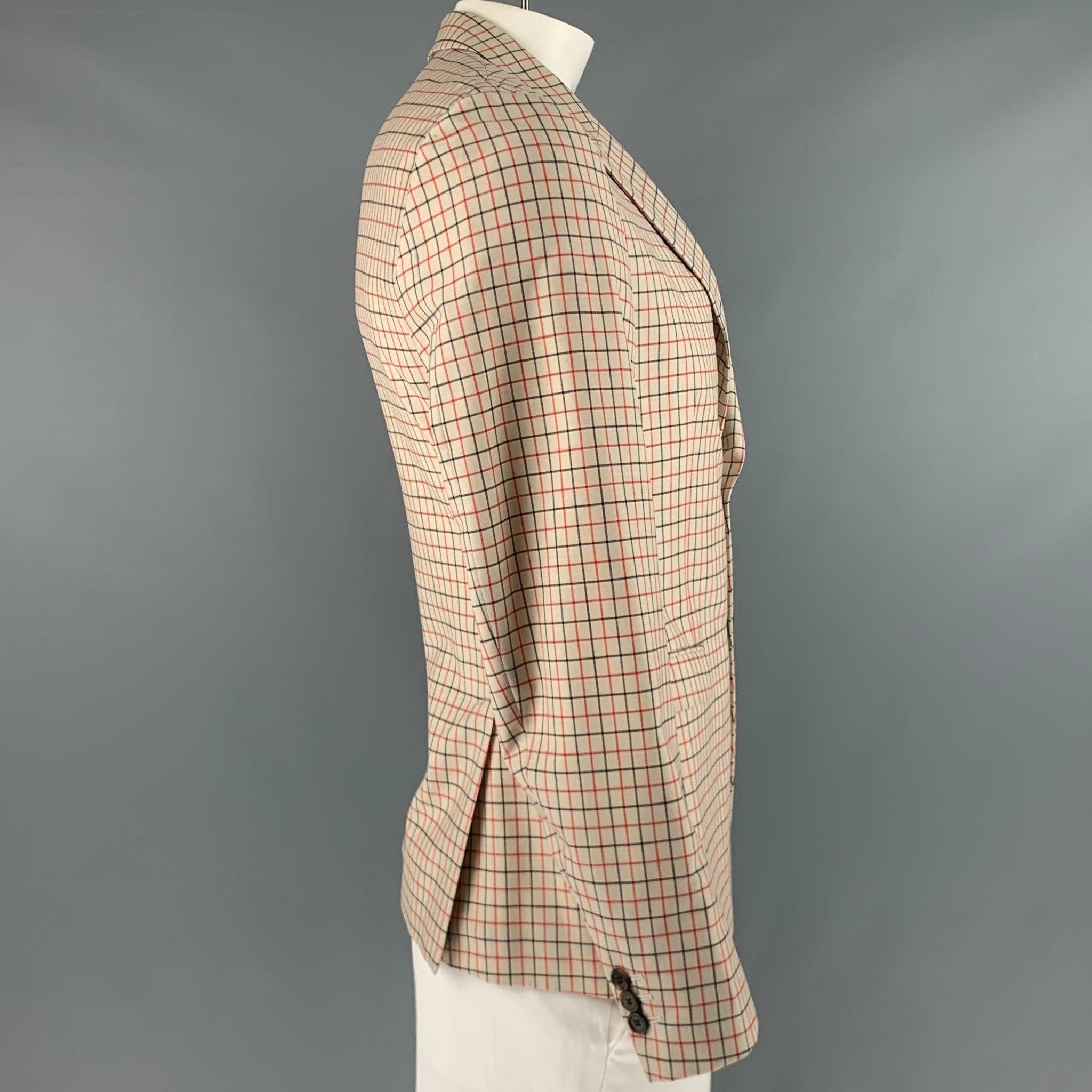 PRADA Size 42 Beige Red Black Window Pane Wool Mohair Sport Coat In Excellent Condition For Sale In San Francisco, CA