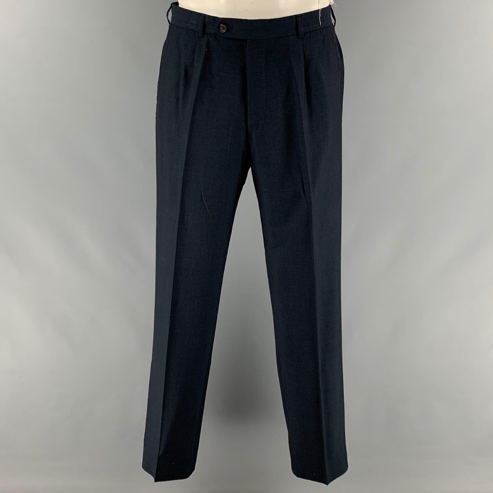 PRADA Size 44 Navy Virgin Wool Silk Single Breasted Suit For Sale 1