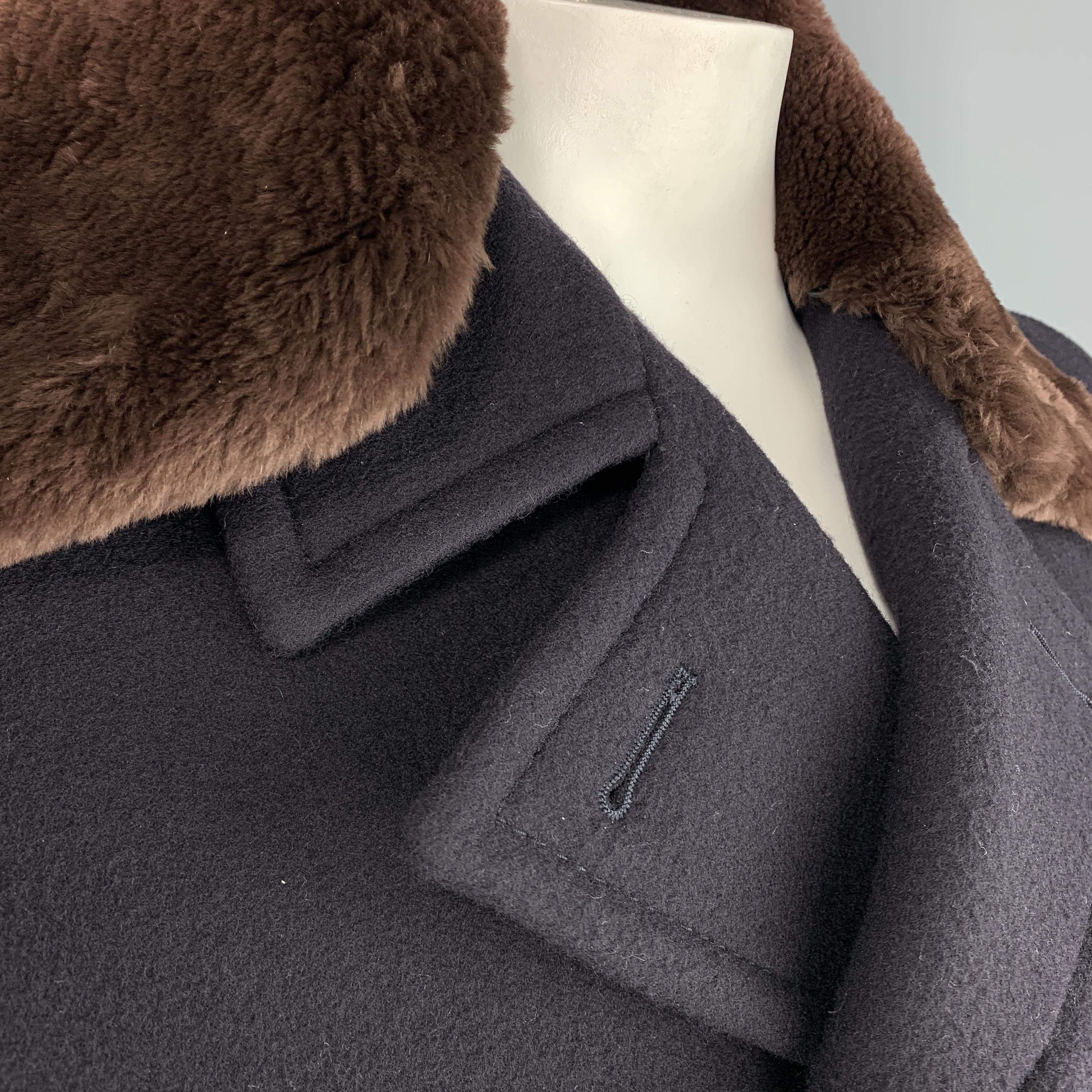 Black PRADA Size 46 Navy Wool Double Breasted Brown Fur Collar Peacoat