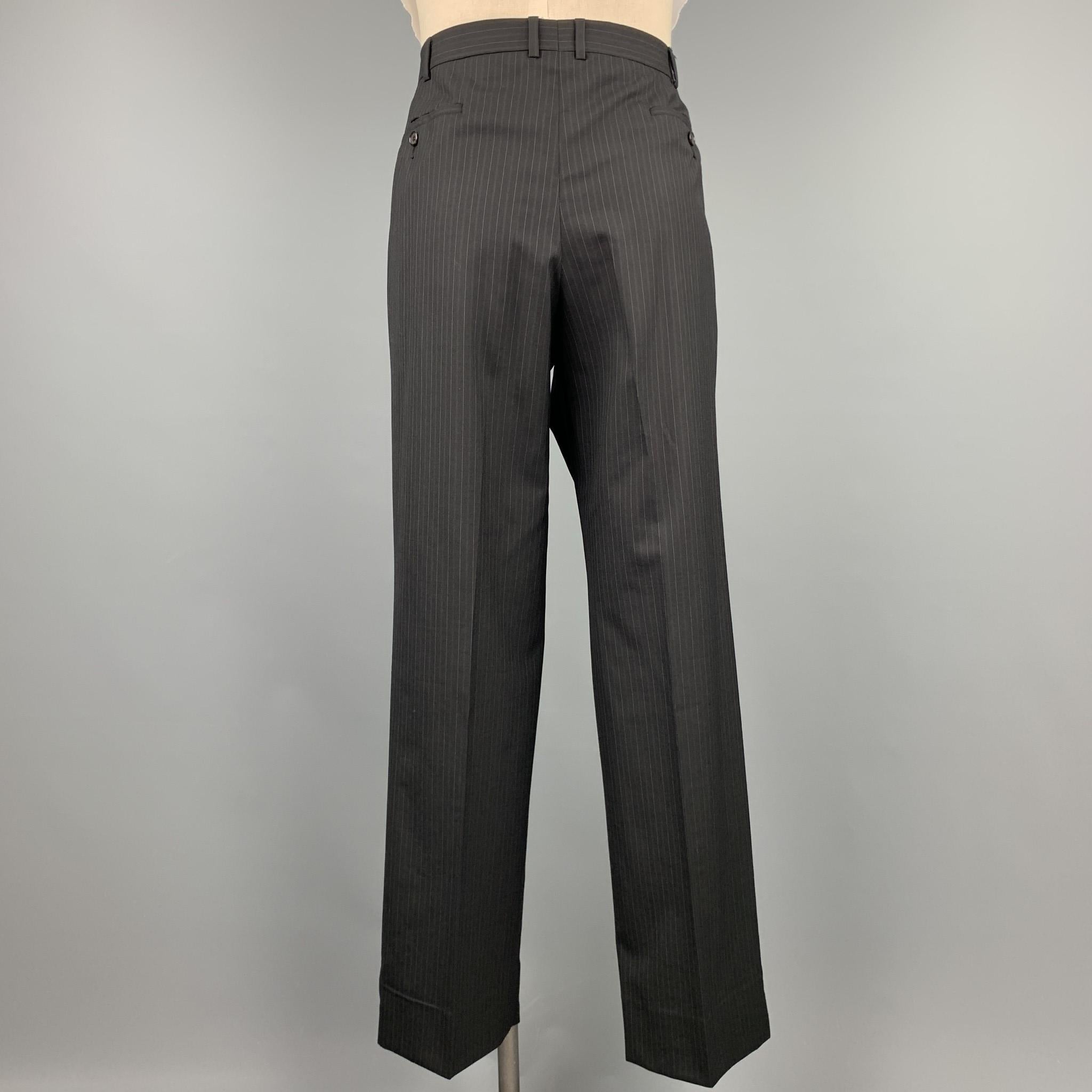 PRADA Size 48 Long Black Stripe Wool Notch Lapel Suit 1