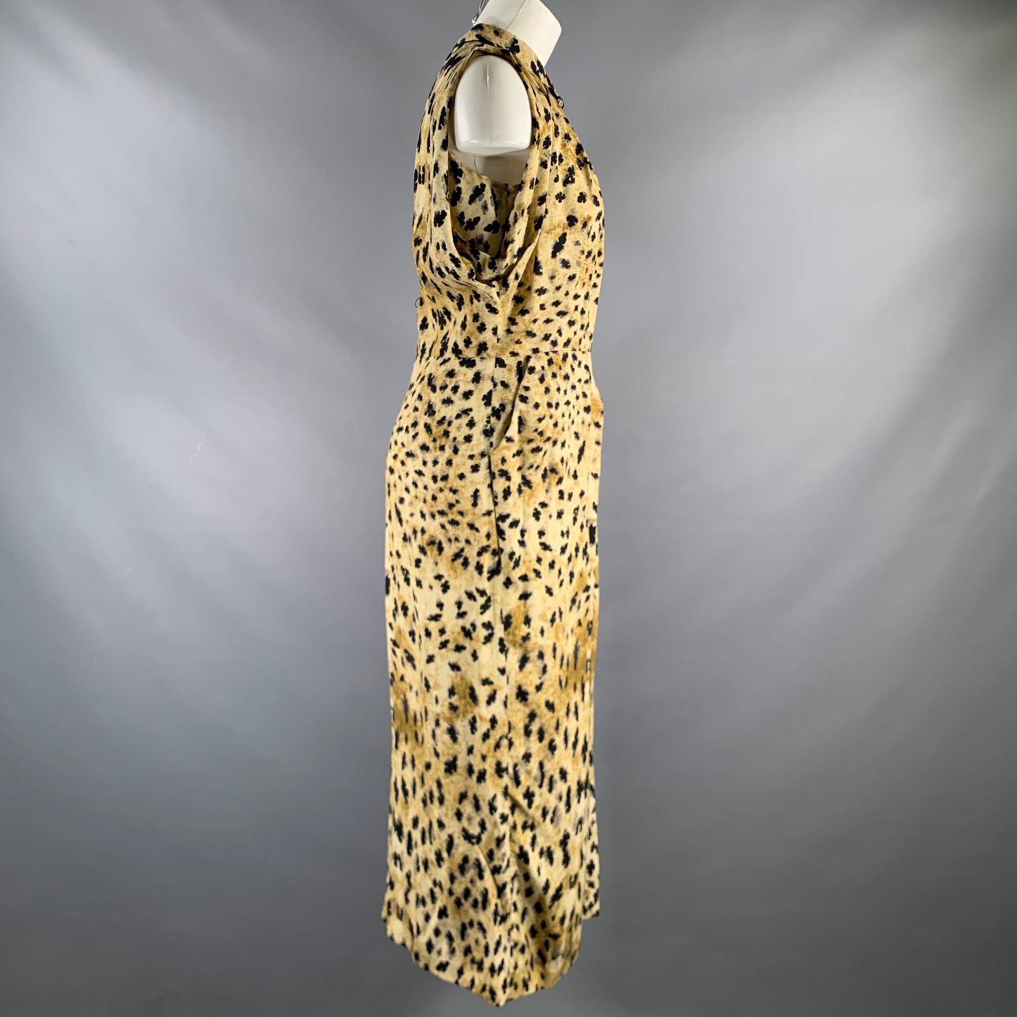 PRADA Size 6 Beige Black Viscose Abstract Drape-shoulder Long Dress In Good Condition For Sale In San Francisco, CA