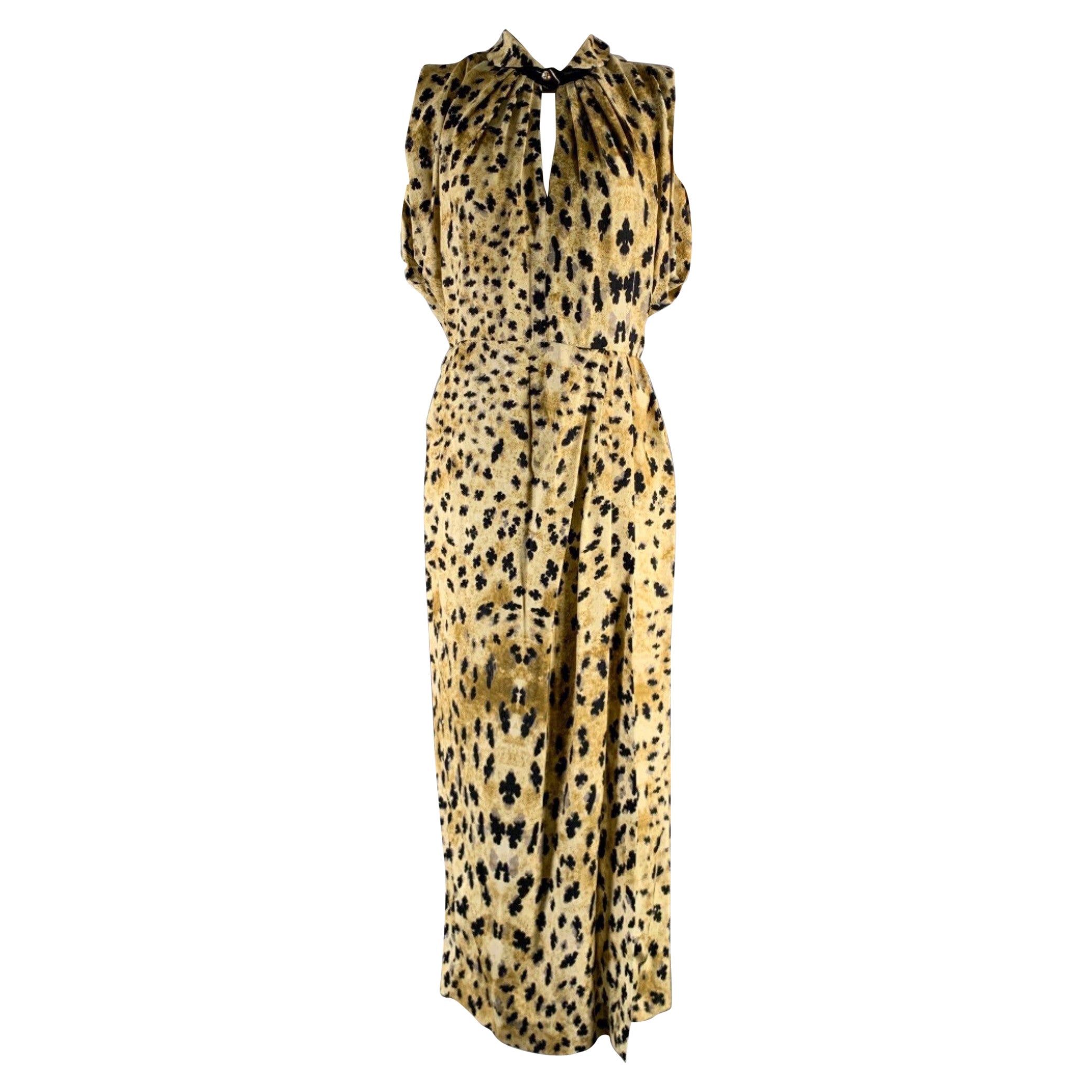 PRADA Talla 6 Beige Negro Viscosa Abstracto Drapeado Hombros Vestido Largo