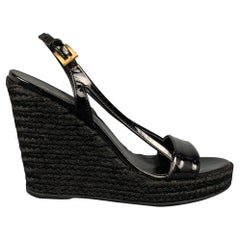 PRADA Size 6 Black Patent Leather Espadrille Wedge Sandals