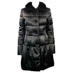 PRADA Size 6 Black Polyamide Quilted Fur Collar Button Down Coat