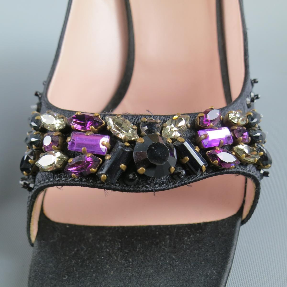 PRADA Größe 6 Schwarz Seide Lila Kristall Peep Toe Curved Stud Heel Pumps Damen