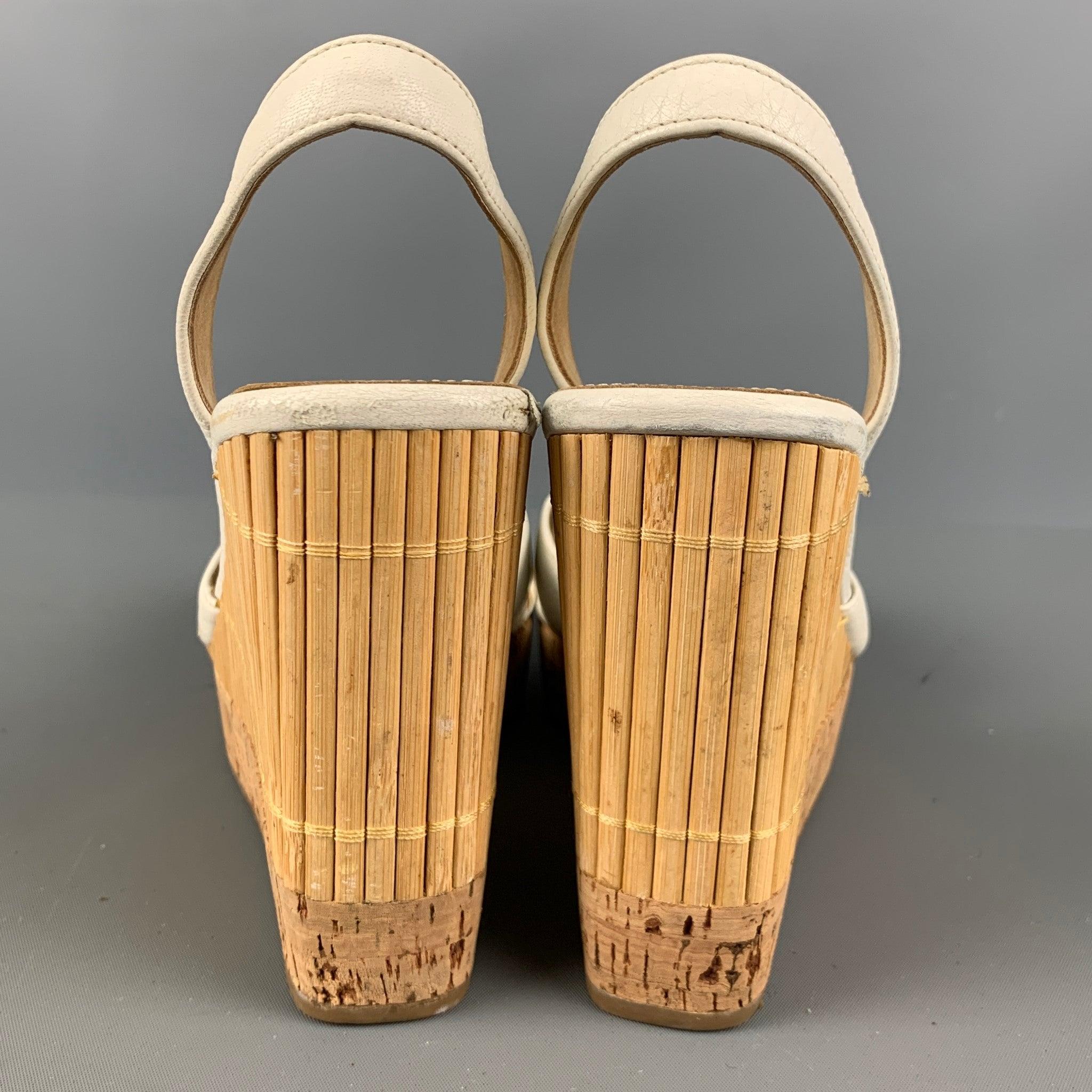 PRADA Size 6 Cream Beige Bamboo Leather Slingback Sandals In Good Condition For Sale In San Francisco, CA