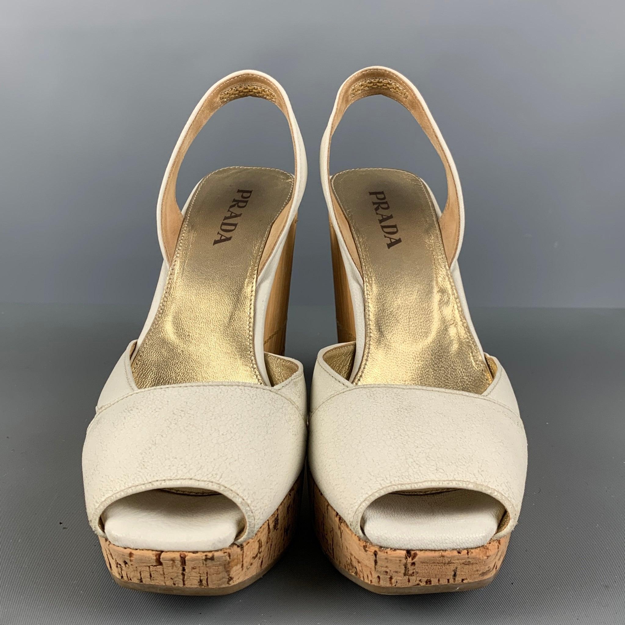 Women's PRADA Size 6 Cream Beige Bamboo Leather Slingback Sandals