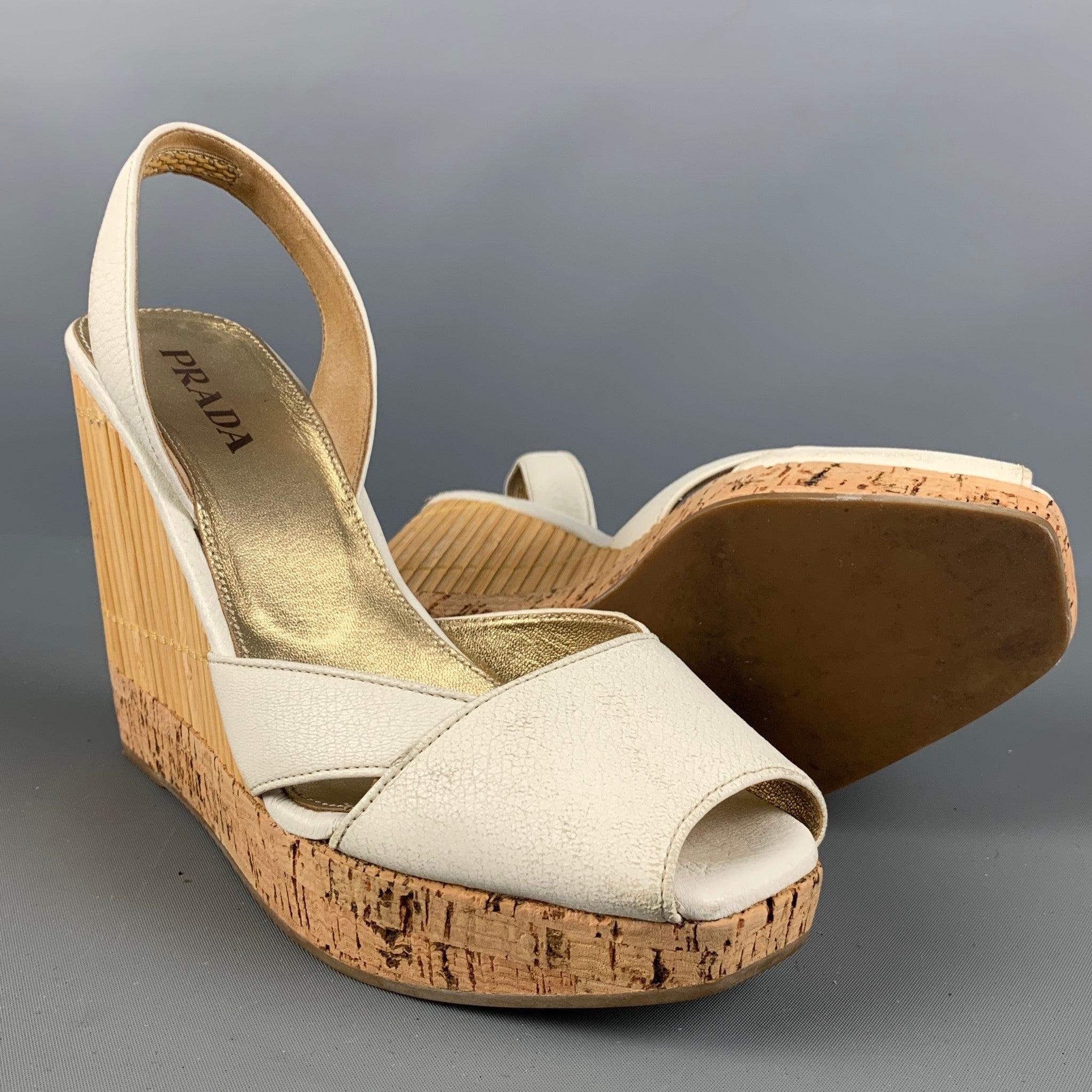PRADA Size 6 Cream Beige Bamboo Leather Slingback Sandals 1