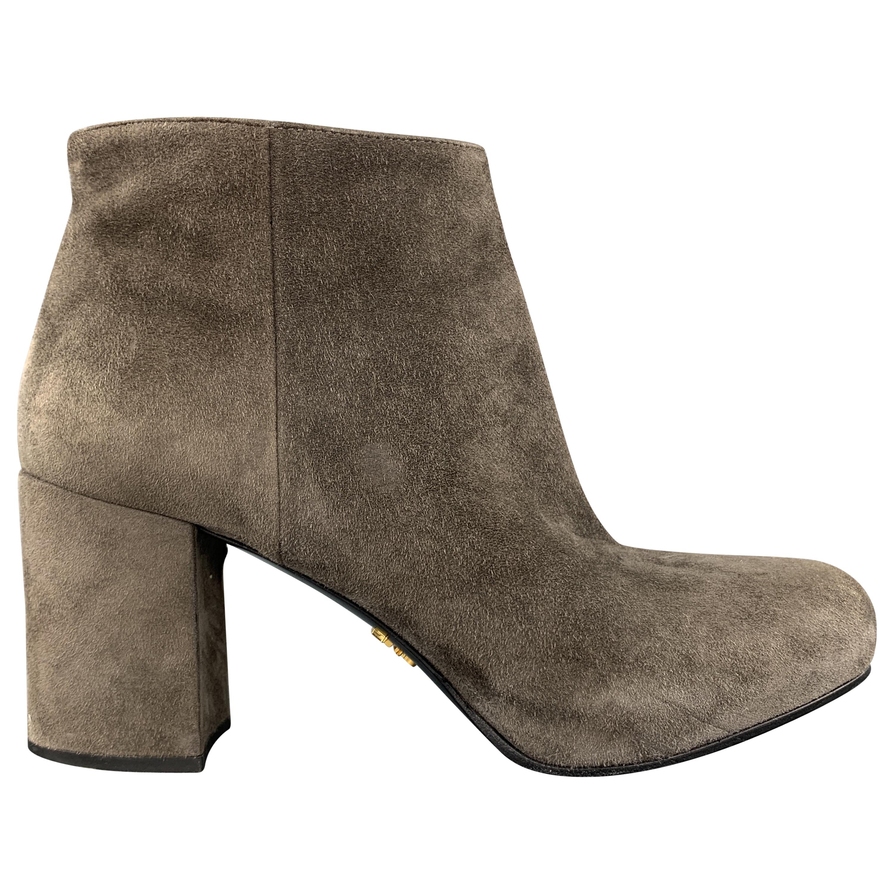 PRADA Size 6 Grey Suede Chunky Heel Ankle Boots