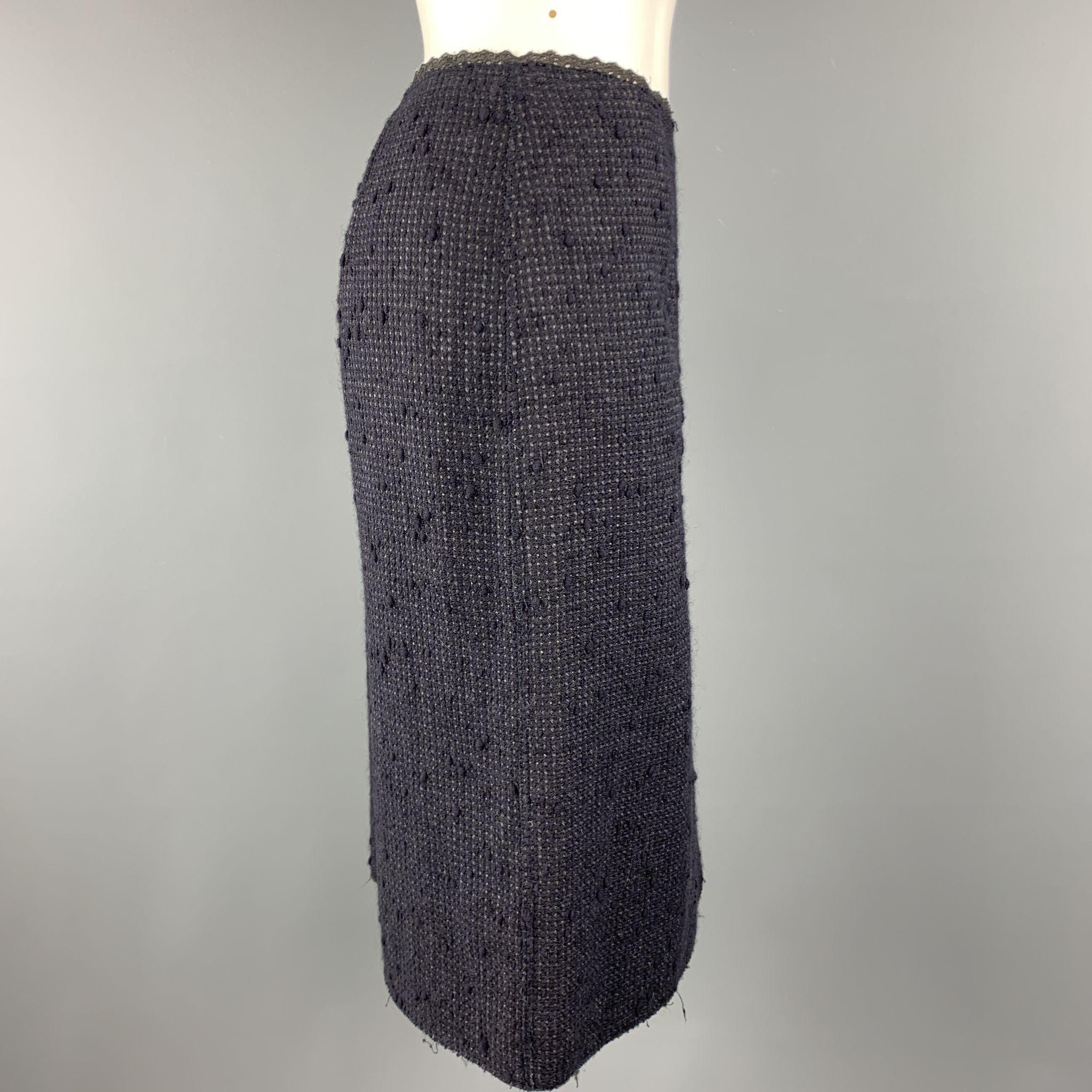 Women's PRADA Size 6 Navy Cotton Blend Textured Tweed Lace Trime A Line Skirt For Sale