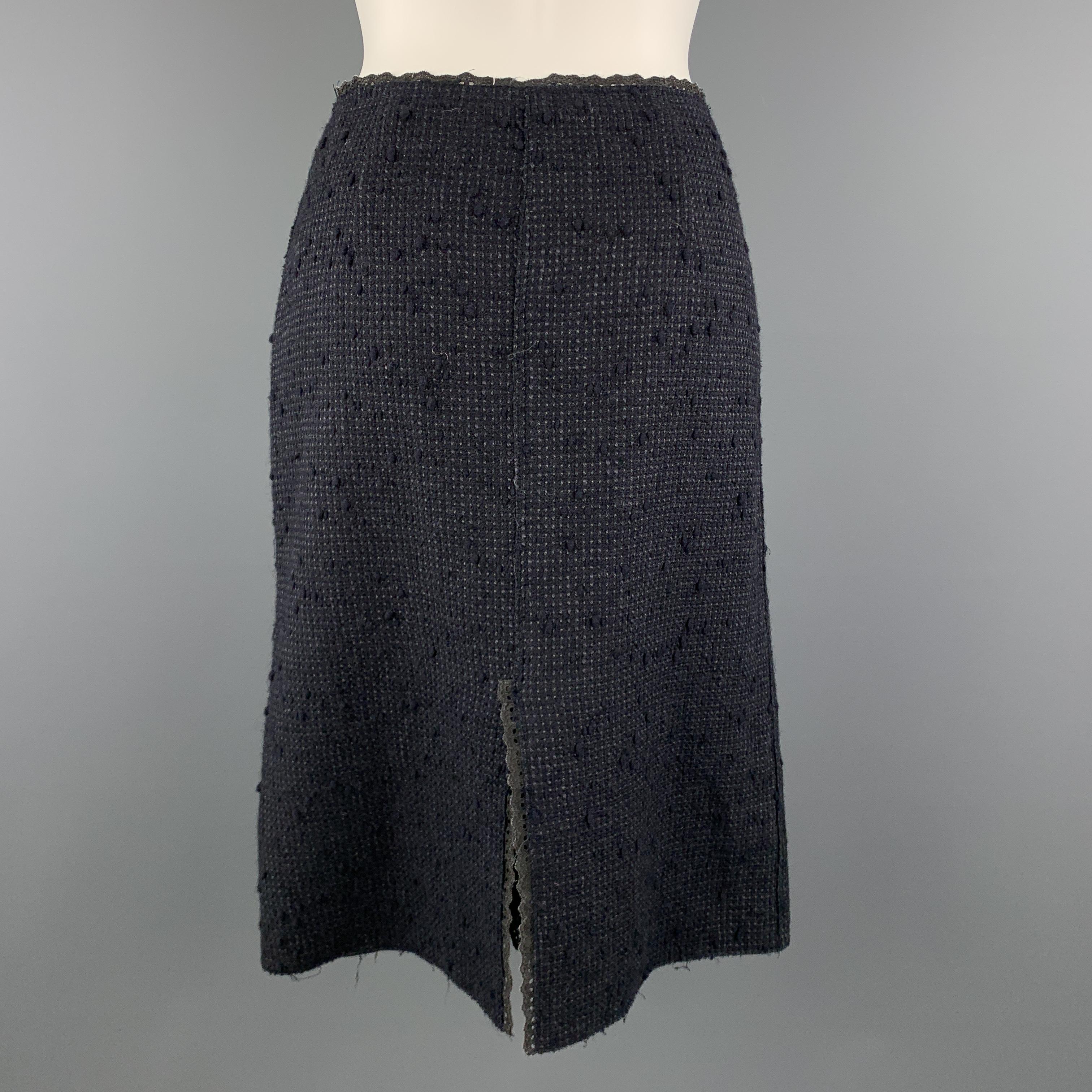 Black PRADA Size 6 Navy Cotton Blend Textured Tweed Lace Trime A Line Skirt