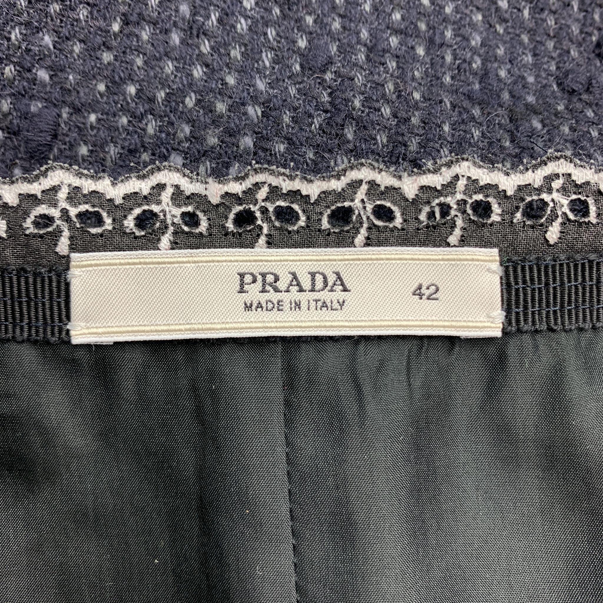 PRADA Size 6 Navy Cotton Blend Textured Tweed Lace Trime A Line Skirt For Sale 3