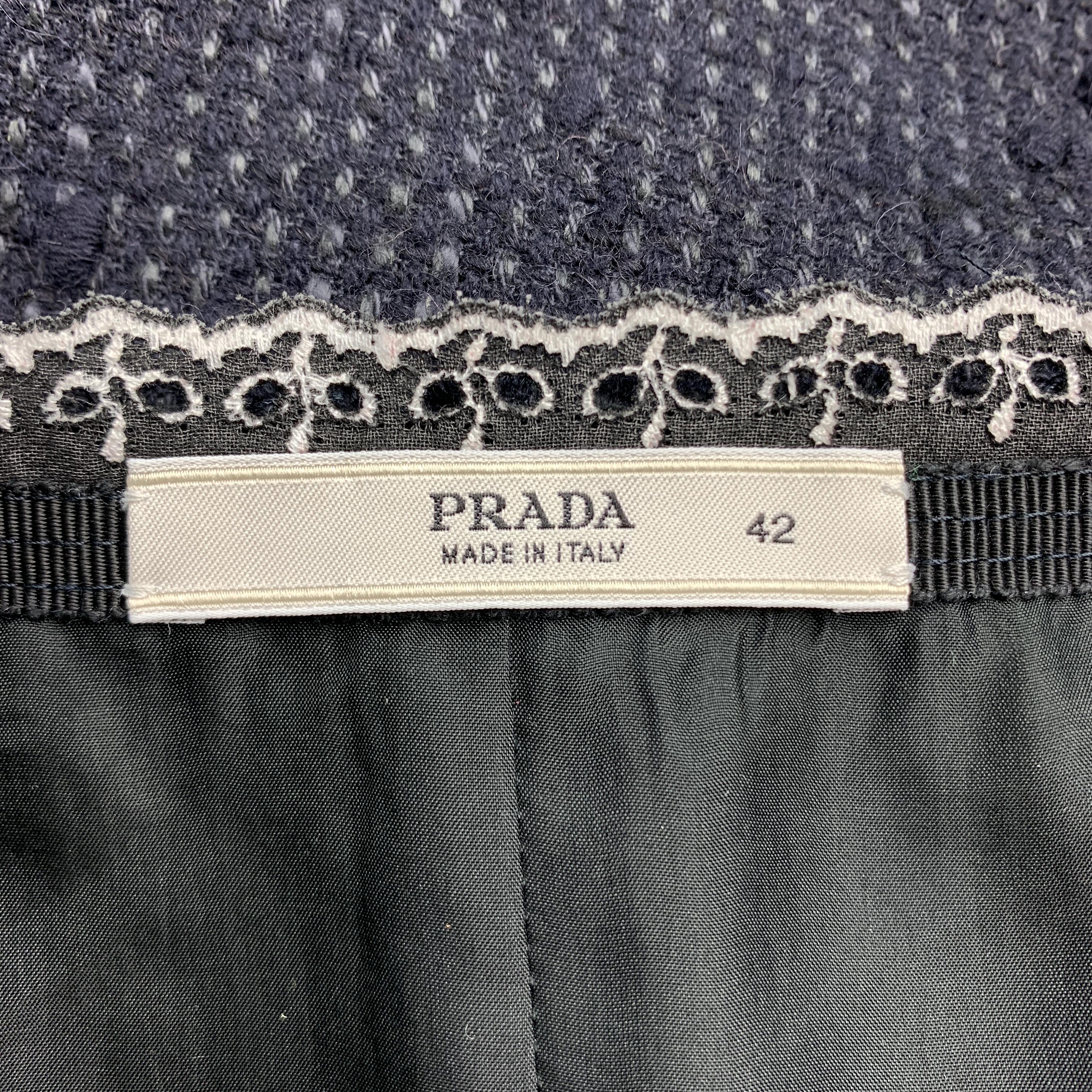 Women's PRADA Size 6 Navy Cotton Blend Textured Tweed Lace Trime A Line Skirt