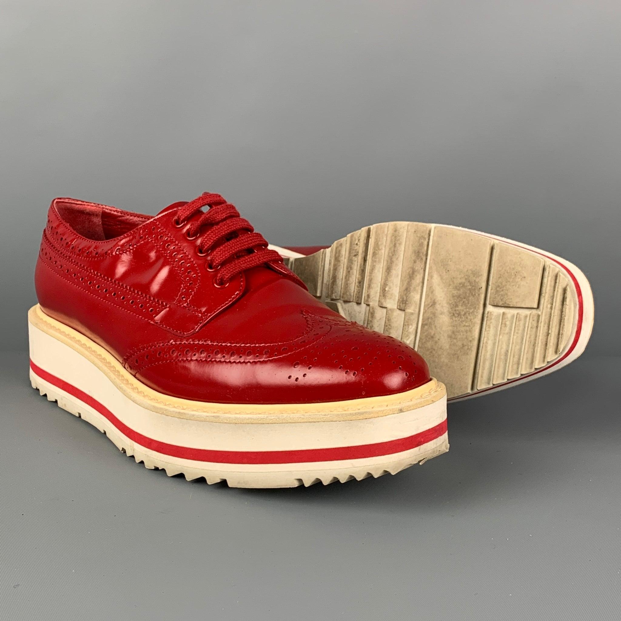 PRADA Size 6 Red White Leather Perforated Wingtip Shoes In Good Condition For Sale In San Francisco, CA