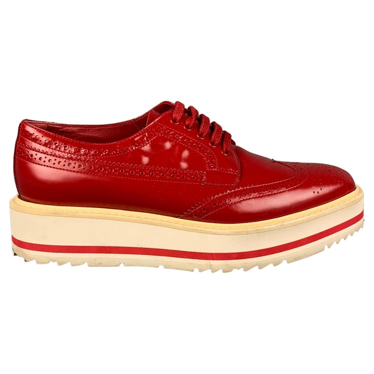 PRADA Size 6 Red White Leather Perforated Wingtip Shoes For Sale at 1stDibs