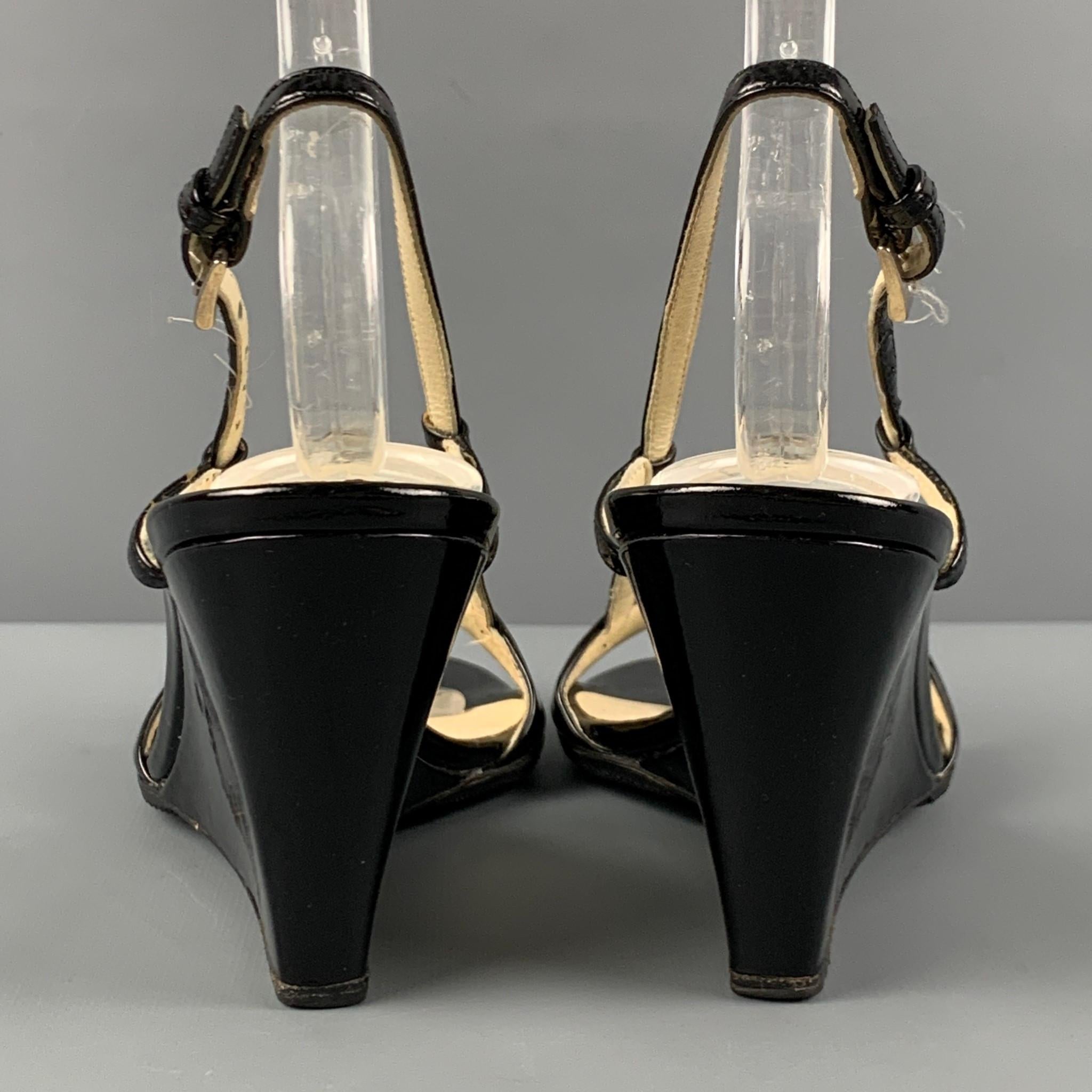 PRADA Size 6.5 Black Patent Leather Slingback Wedges In Good Condition In San Francisco, CA