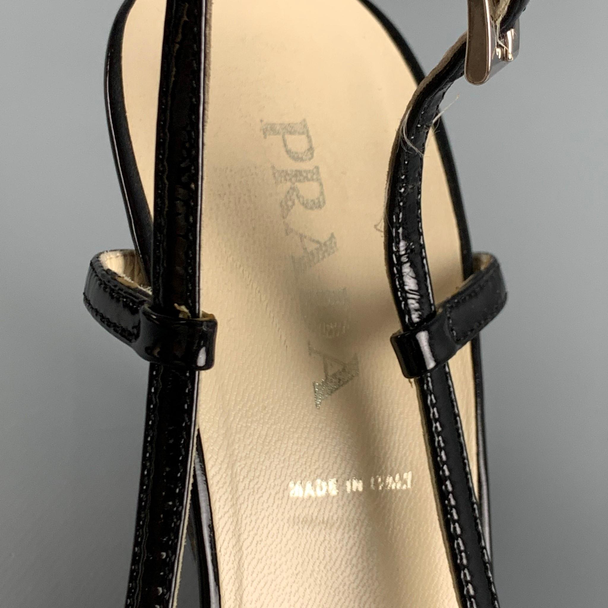 Women's PRADA Size 6.5 Black Patent Leather Slingback Wedges