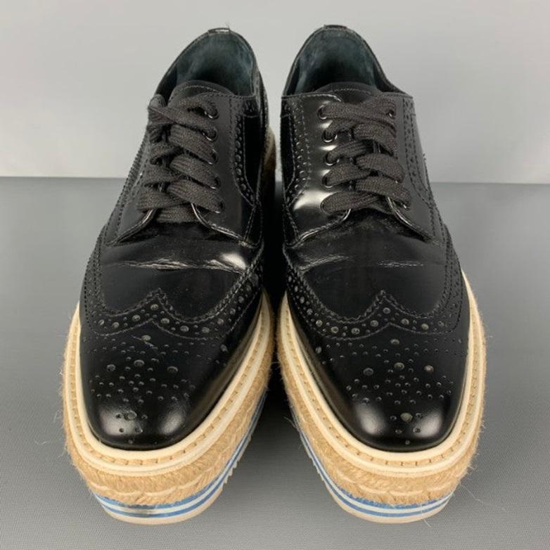 Women's PRADA Size 6.5 Black White Blue Perforated Wingtip Shoes For Sale