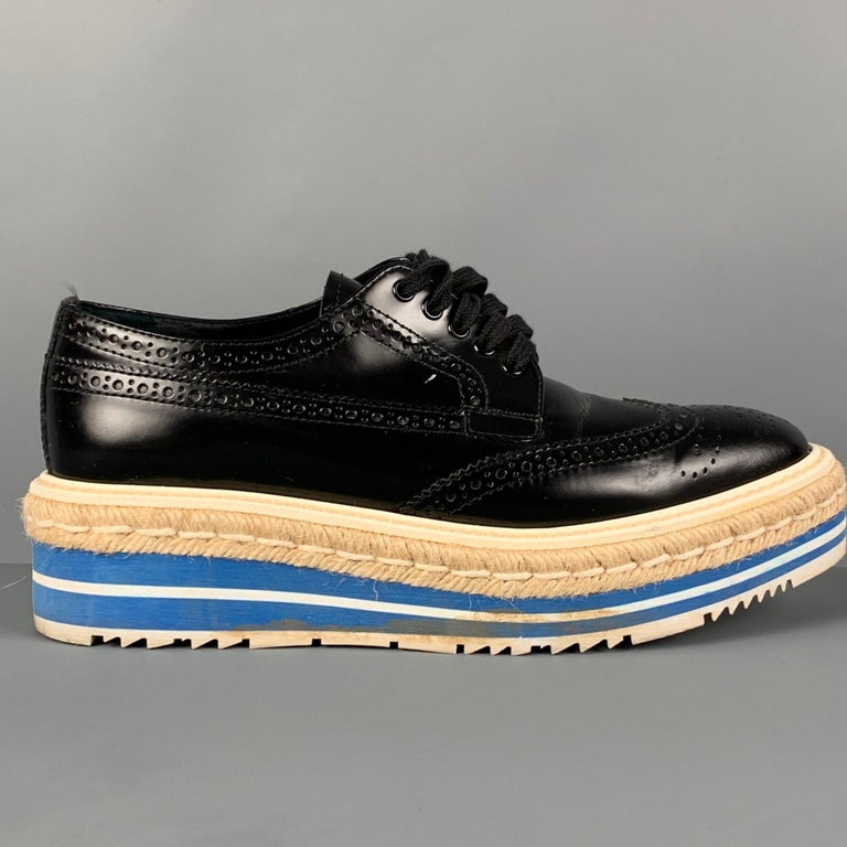 PRADA Size 6.5 Black White Blue Perforated Wingtip Shoes For Sale at ...