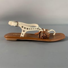 PRADA Size 6.5 Brown White Leather Studded Thong Sandals