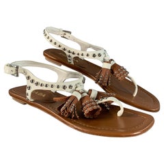 PRADA Size 6.5 Brown White Leather Studded Thong Sandals