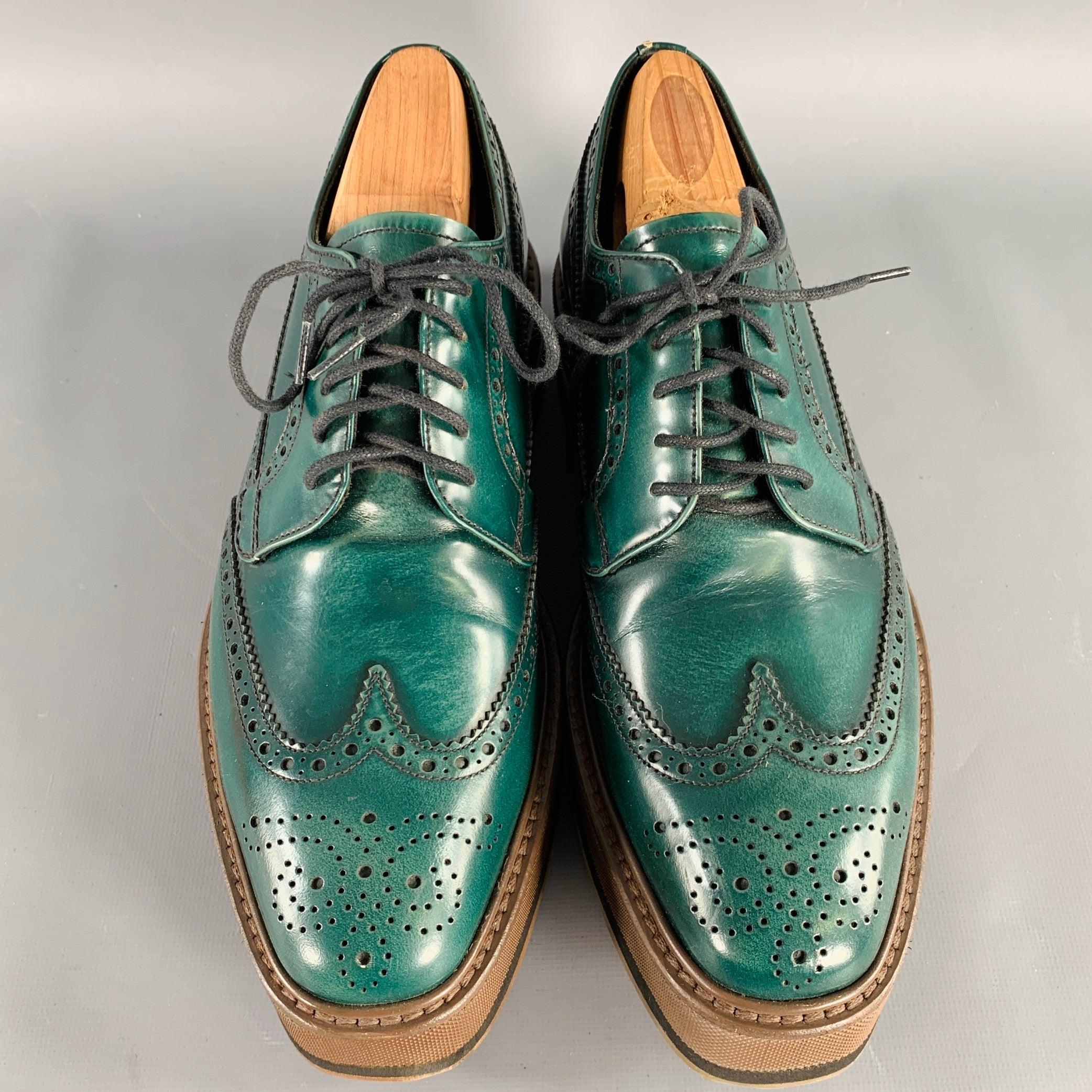 PRADA Size 6.5 Green Brown Wingtip Leather Platform Lace-Up Shoes In Excellent Condition For Sale In San Francisco, CA