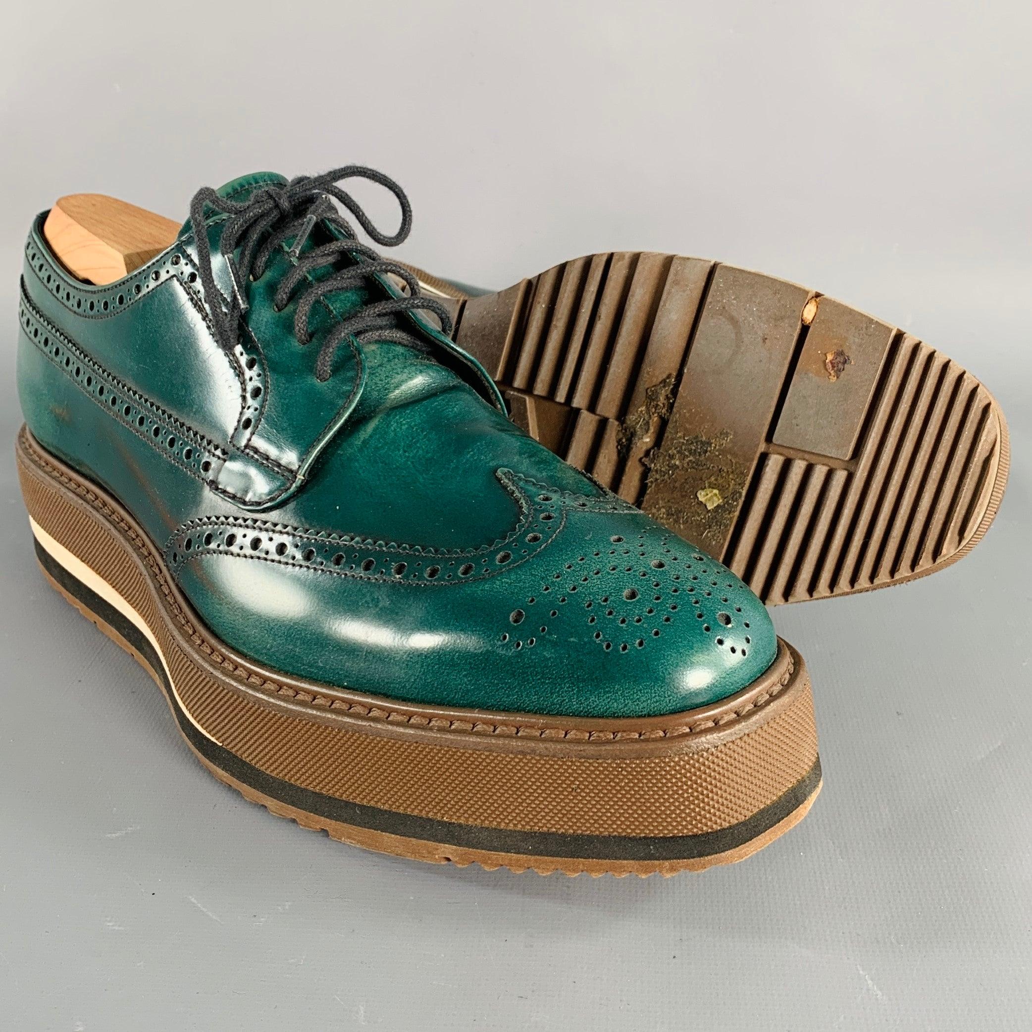 Men's PRADA Size 6.5 Green Brown Wingtip Leather Platform Lace-Up Shoes For Sale