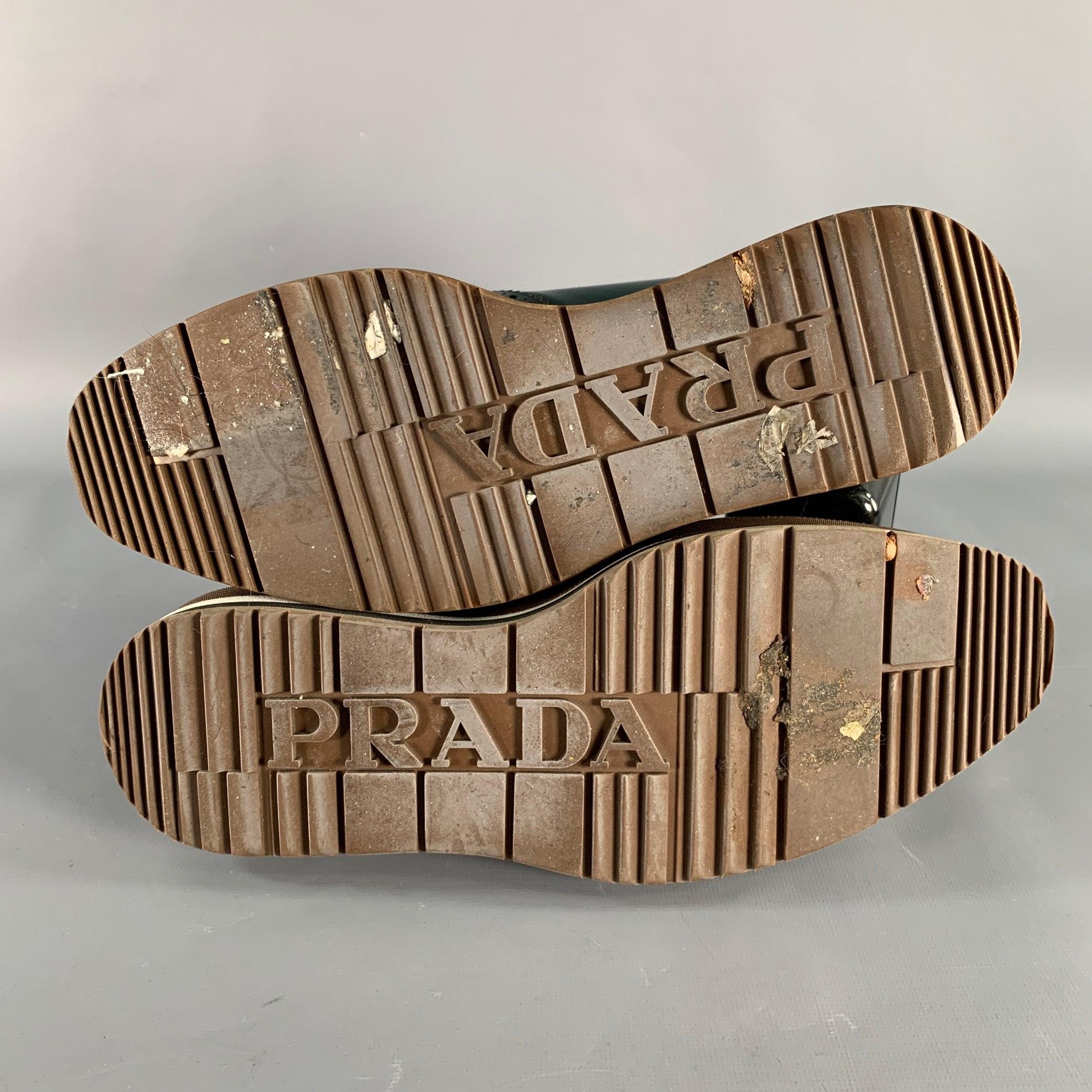 PRADA Size 6.5 Green Brown Wingtip Leather Platform Lace-Up Shoes For Sale 1
