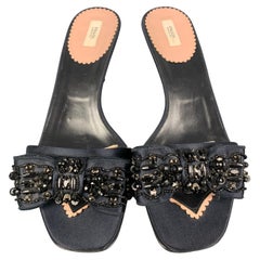 PRADA Size 6.5 Navy Silk Bow Mule Sandals