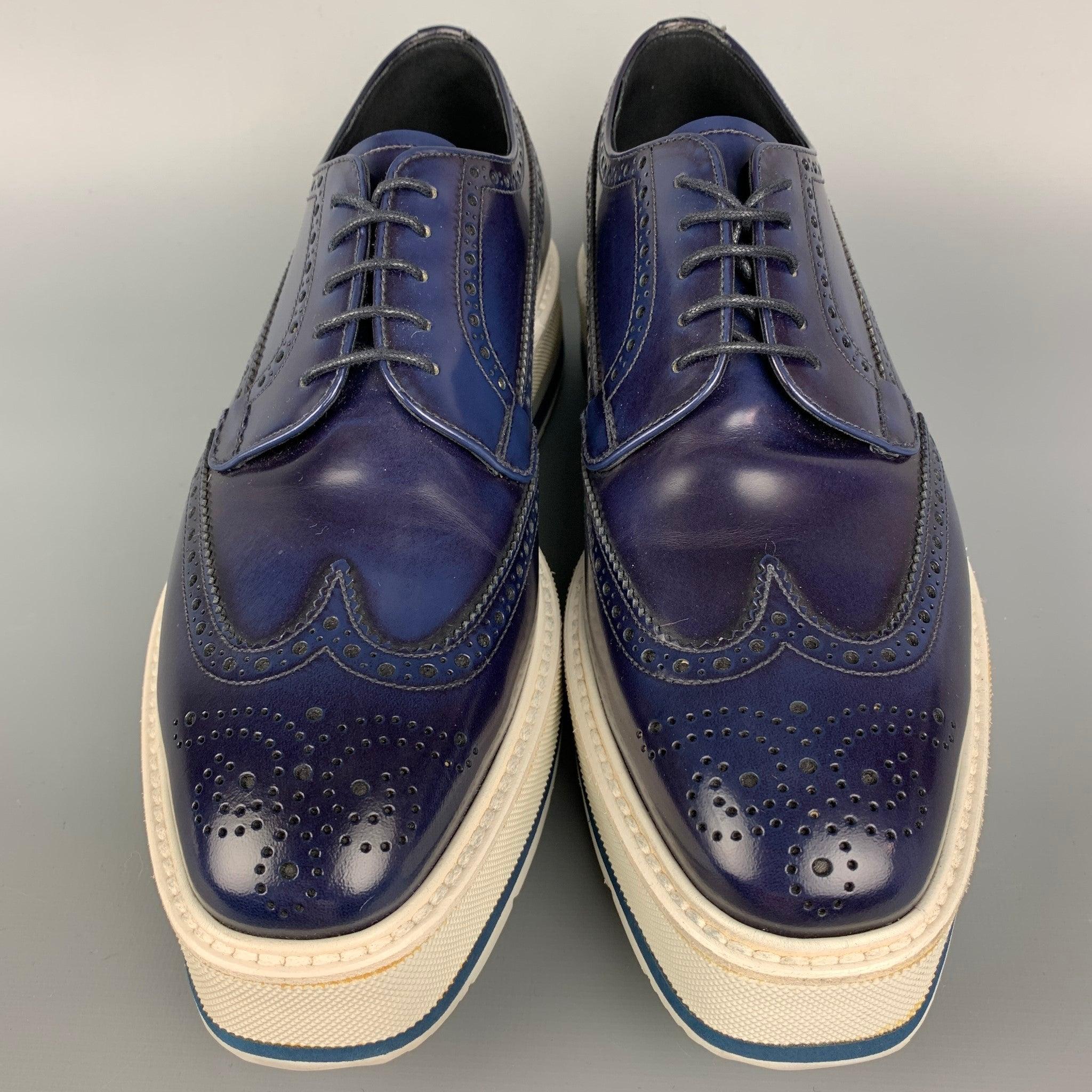 PRADA Size 6.5 Navy & White Perforated Leather Platform Lace Up Shoes In Good Condition In San Francisco, CA