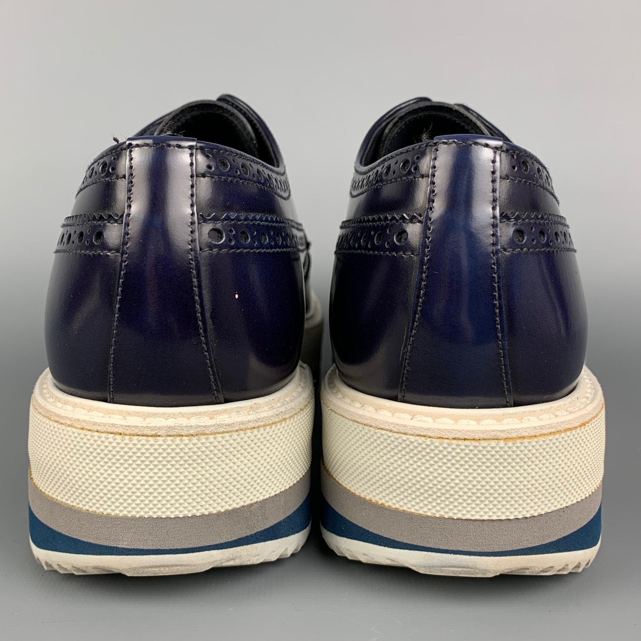 Men's PRADA Size 6.5 Navy & White Perforated Leather Platform Lace Up Shoes