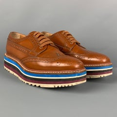 PRADA Size 6.5 Tan Leather Perforated Wingtip Shoes