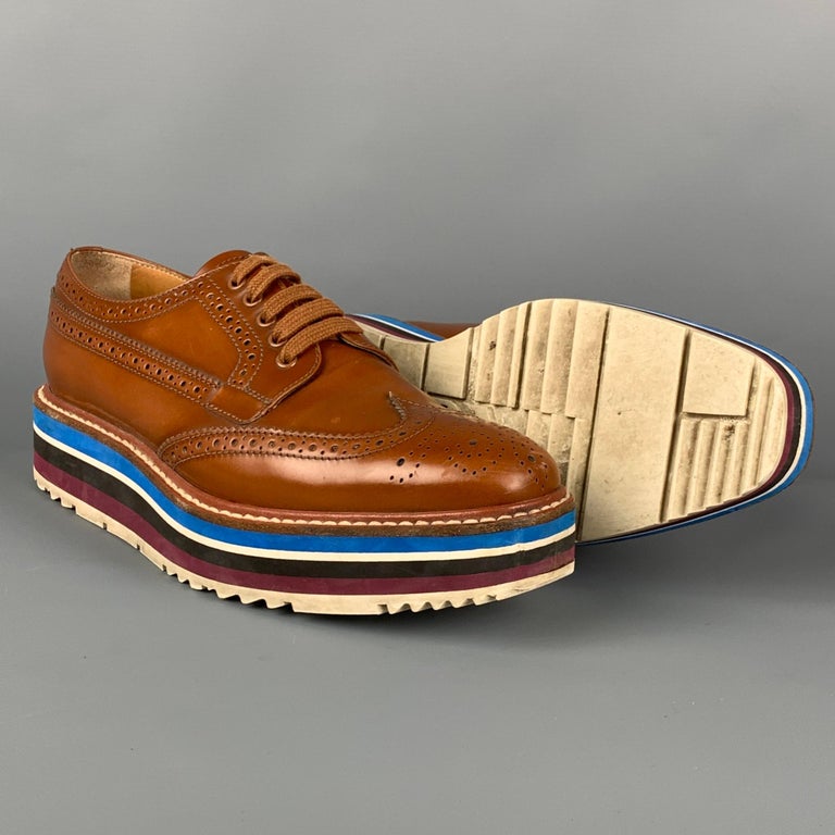 PRADA Size 6.5 Tan Leather Perforated Wingtip Shoes For Sale  display picture 3