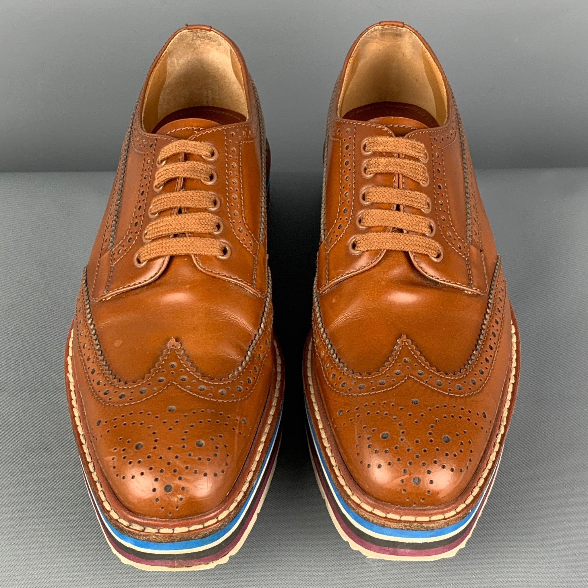 Women's PRADA Size 6.5 Tan Leather Perforated Wingtip Shoes For Sale