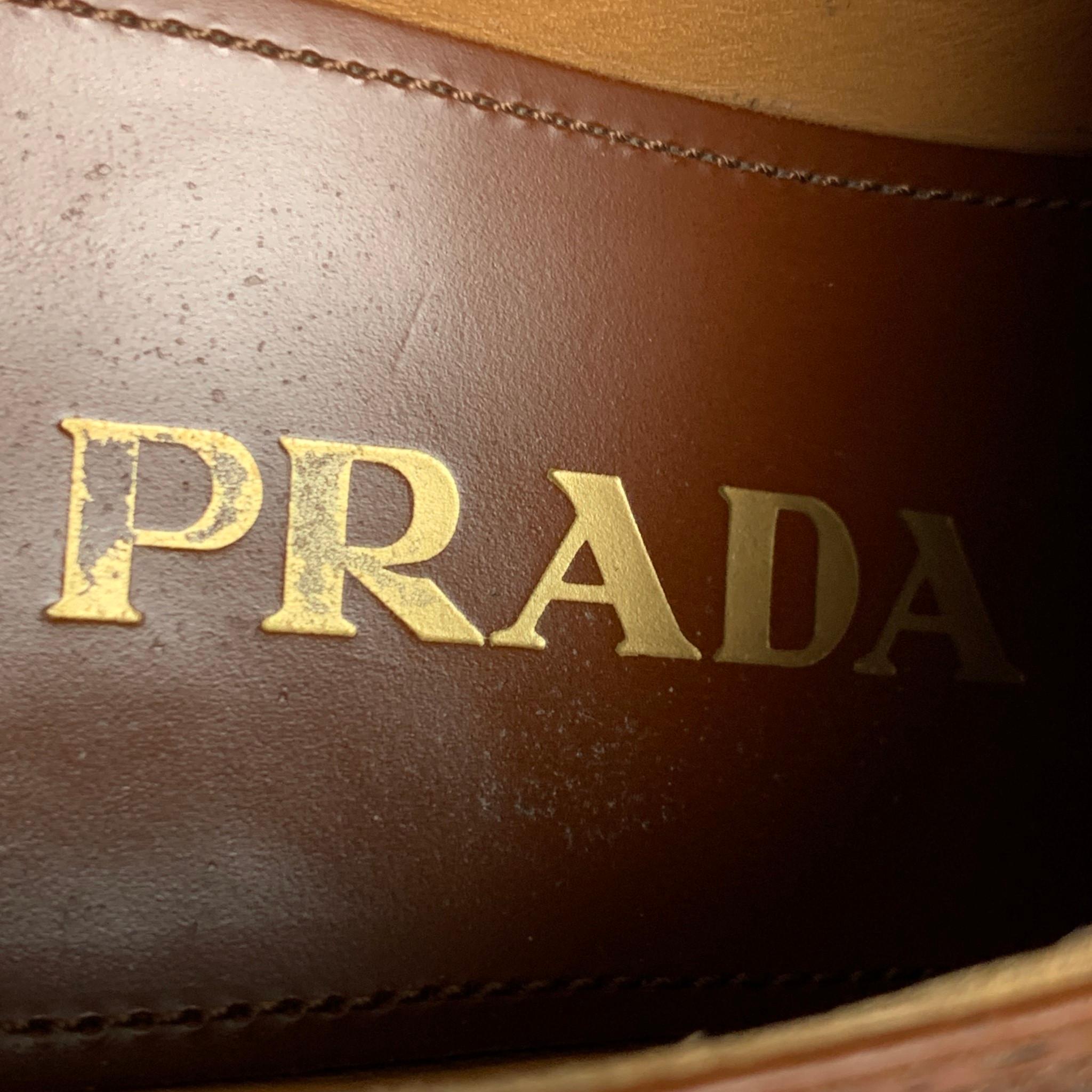 PRADA Size 6.5 Tan Leather Perforated Wingtip Shoes In Good Condition In San Francisco, CA
