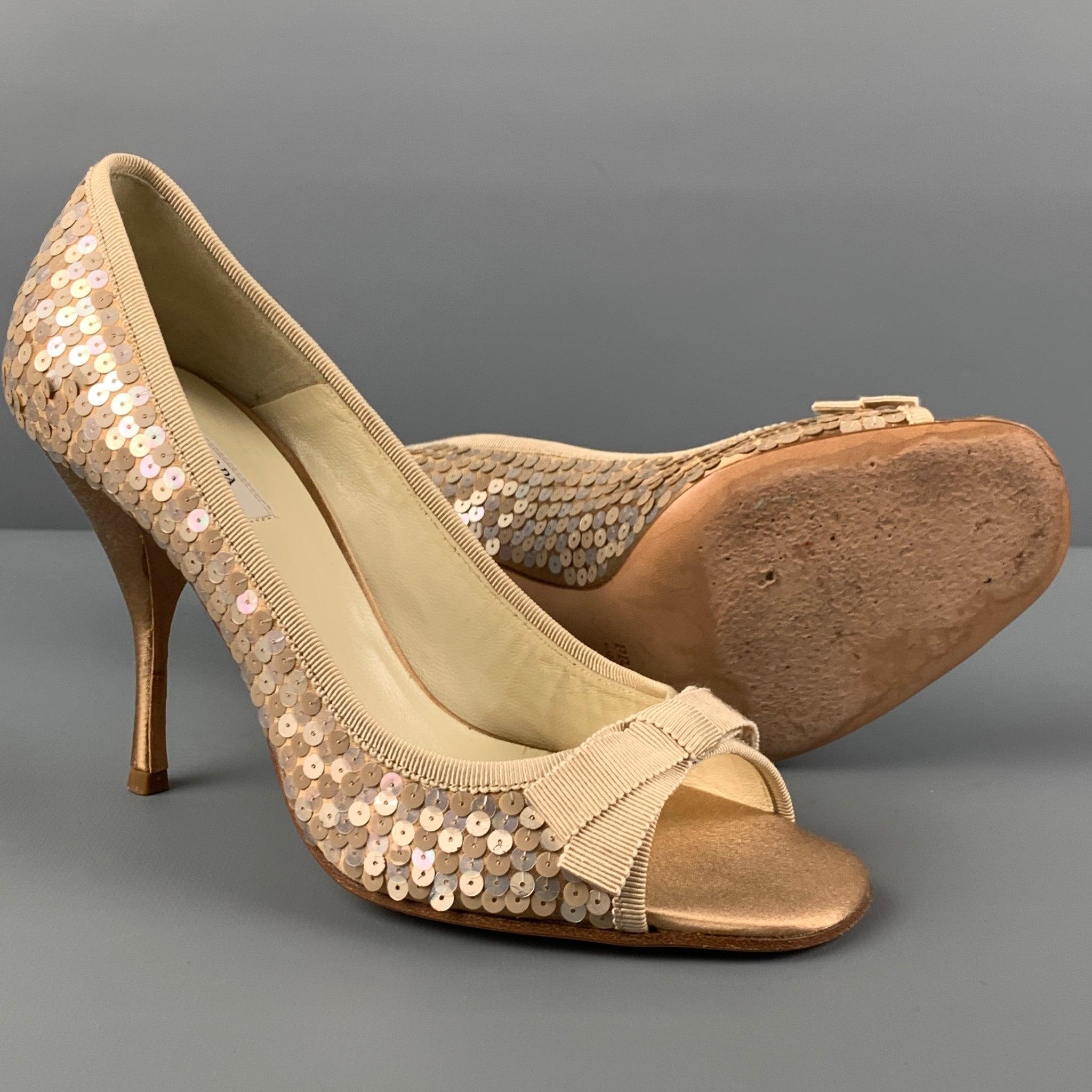 PRADA Size 6.5 Taupe Silk Sequined Peep Toe Pumps In Good Condition For Sale In San Francisco, CA