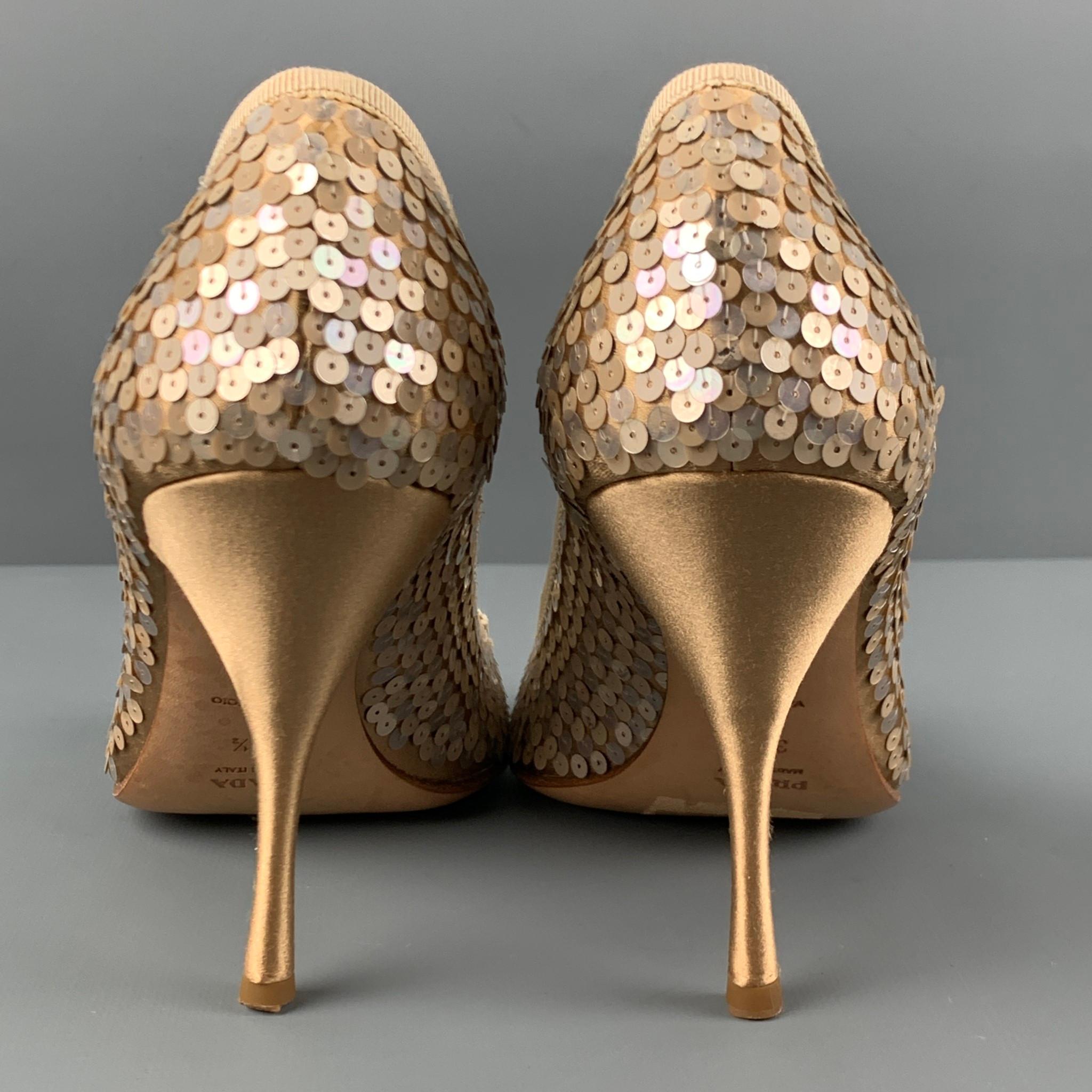 PRADA Size 6.5 Taupe Silk Sequined Peep Toe Pumps In Good Condition In San Francisco, CA