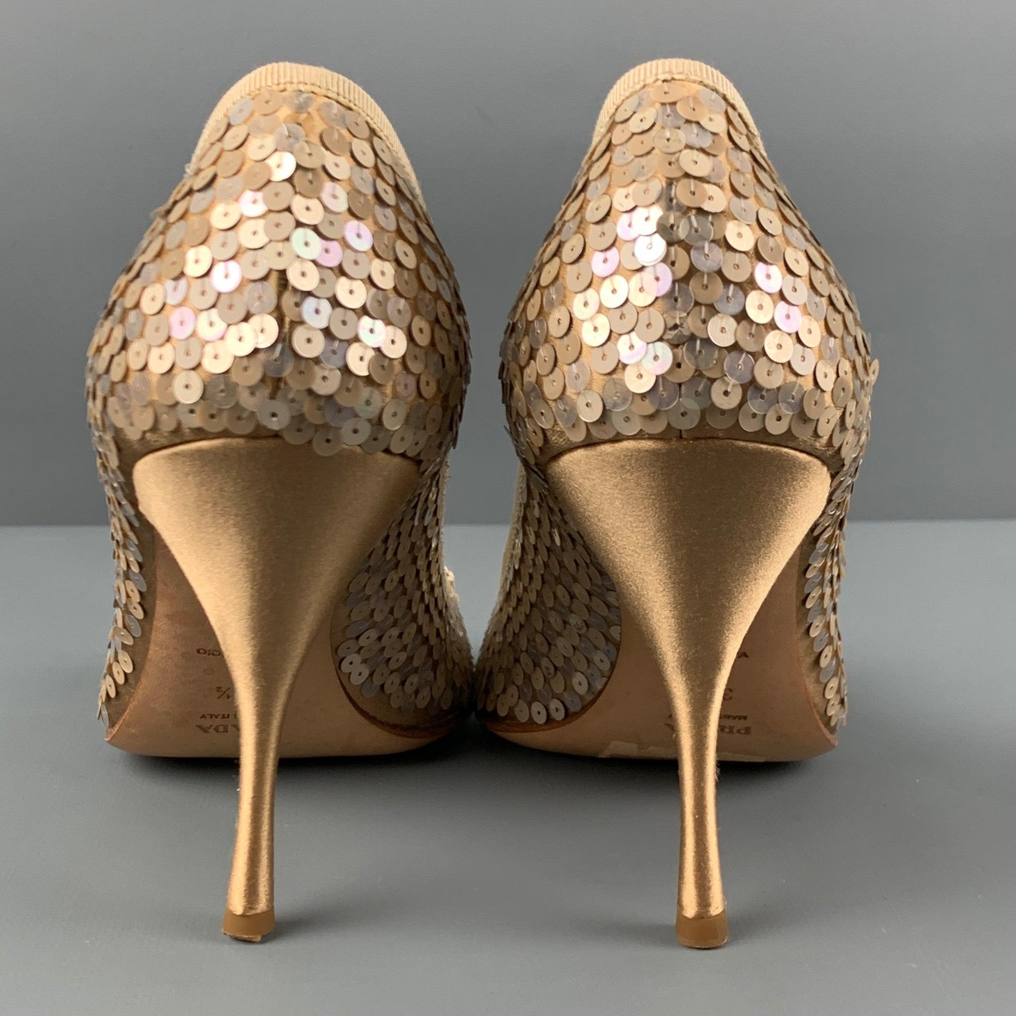 PRADA Size 6.5 Taupe Silk Sequined Peep Toe Pumps For Sale 1