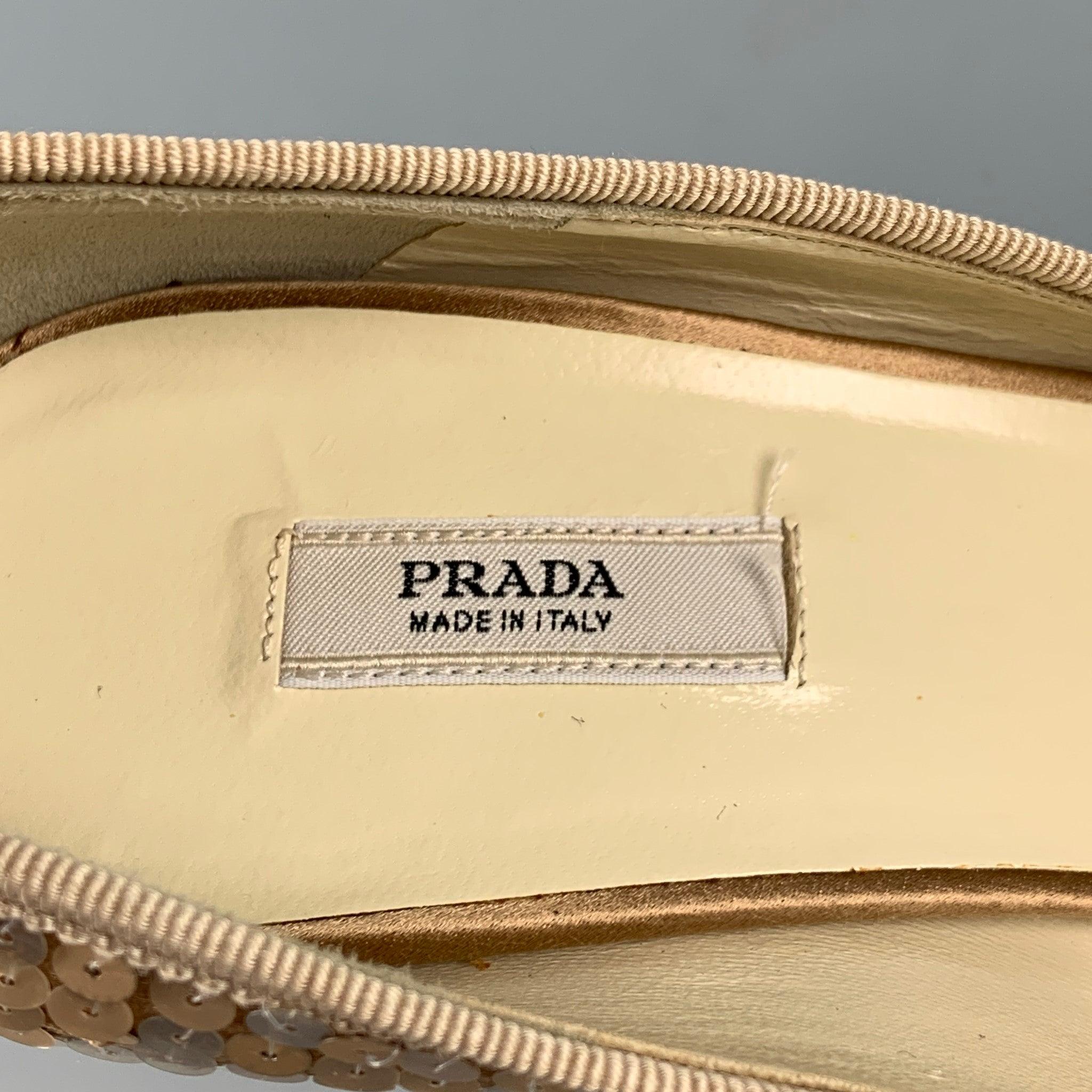 PRADA Size 6.5 Taupe Silk Sequined Peep Toe Pumps For Sale 2