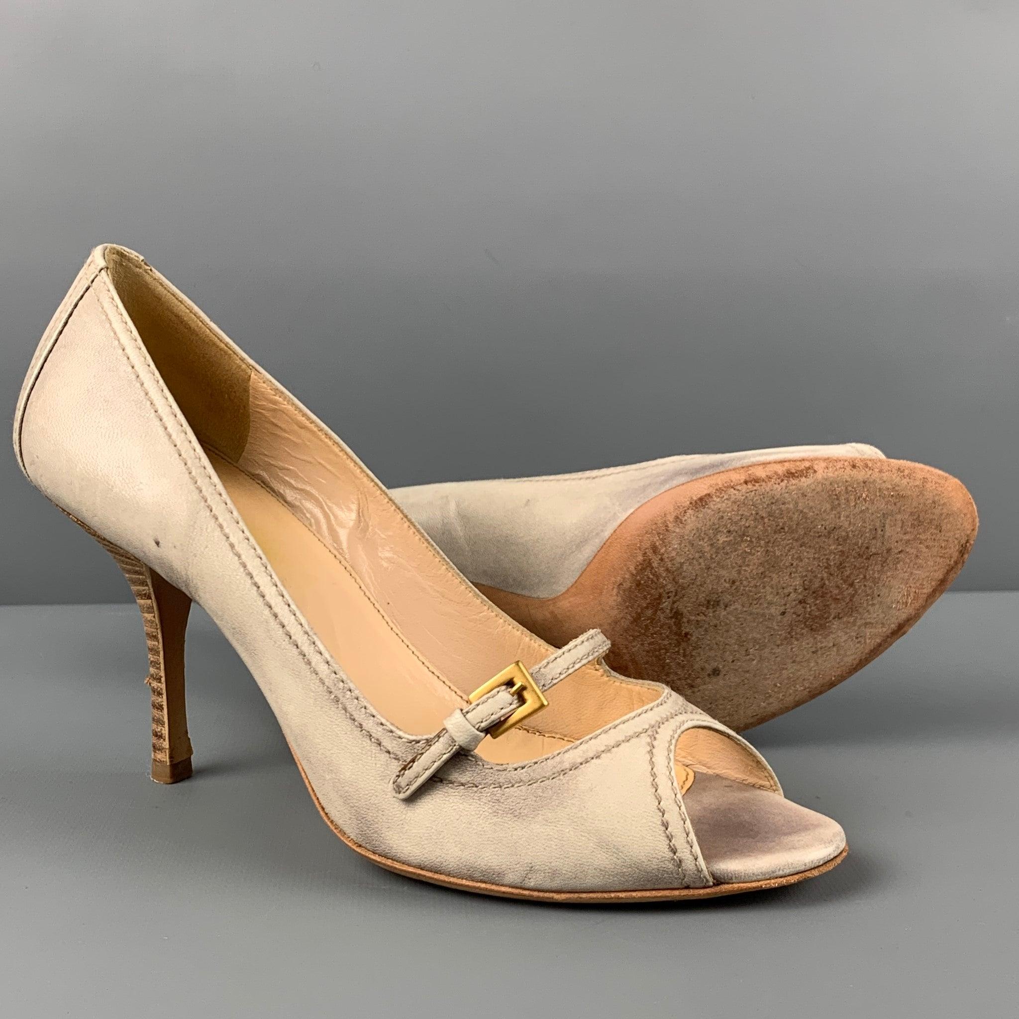 PRADA Size 7 Beige Leather Marbled Peep Toe Pumps In Good Condition For Sale In San Francisco, CA