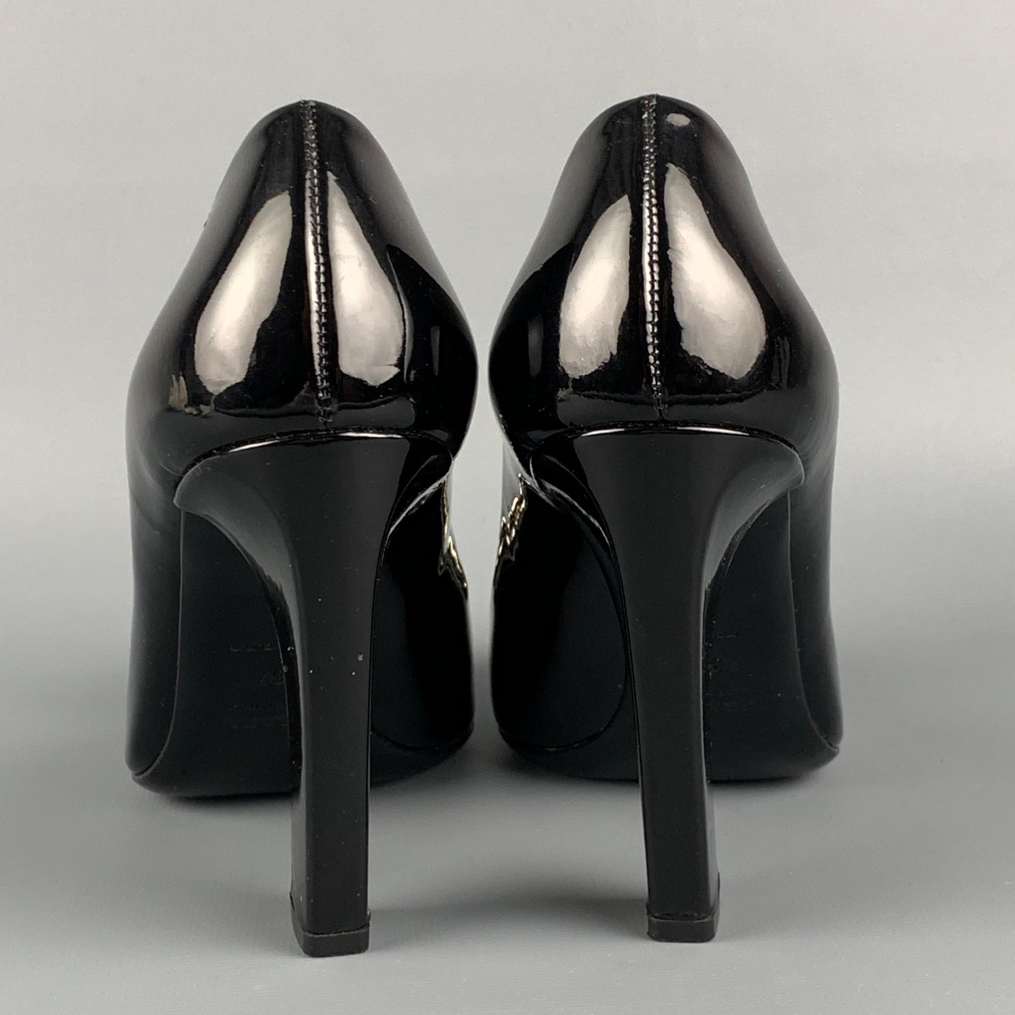 Women's PRADA Size 7 Black Leather Chain Patent Leather Square Toe Pumps