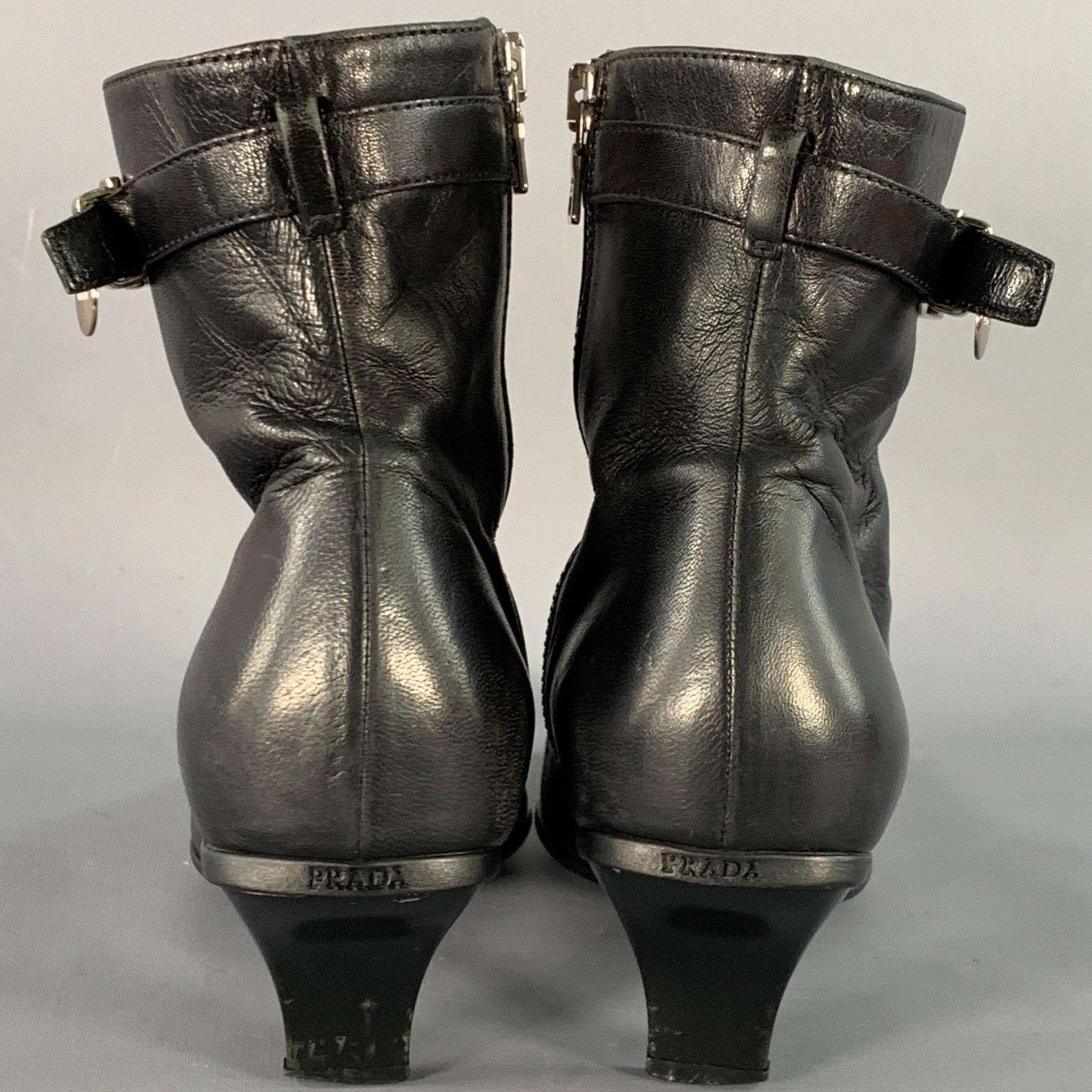 PRADA Size 7 Black Leather Kitten Heel Side Zipper Belted Ankle Boots In Good Condition For Sale In San Francisco, CA