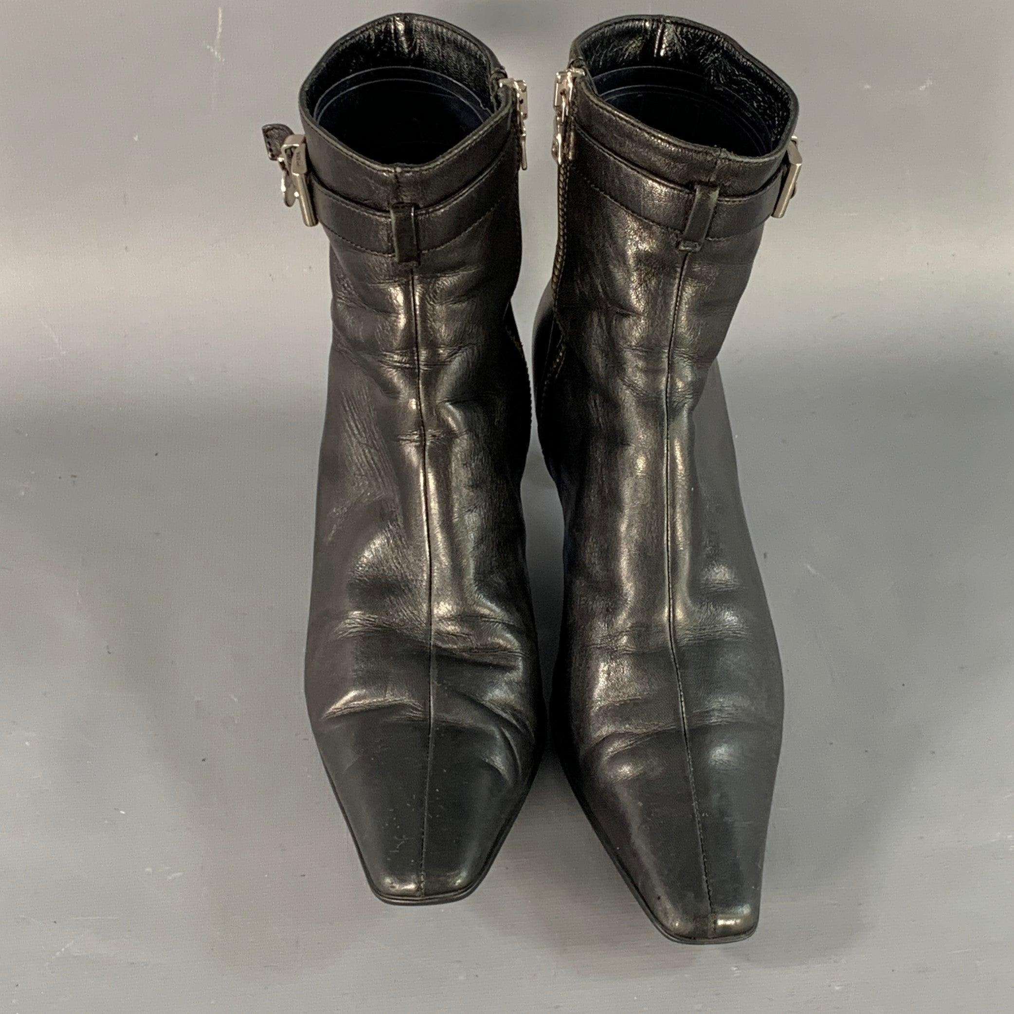Women's PRADA Size 7 Black Leather Kitten Heel Side Zipper Belted Ankle Boots For Sale