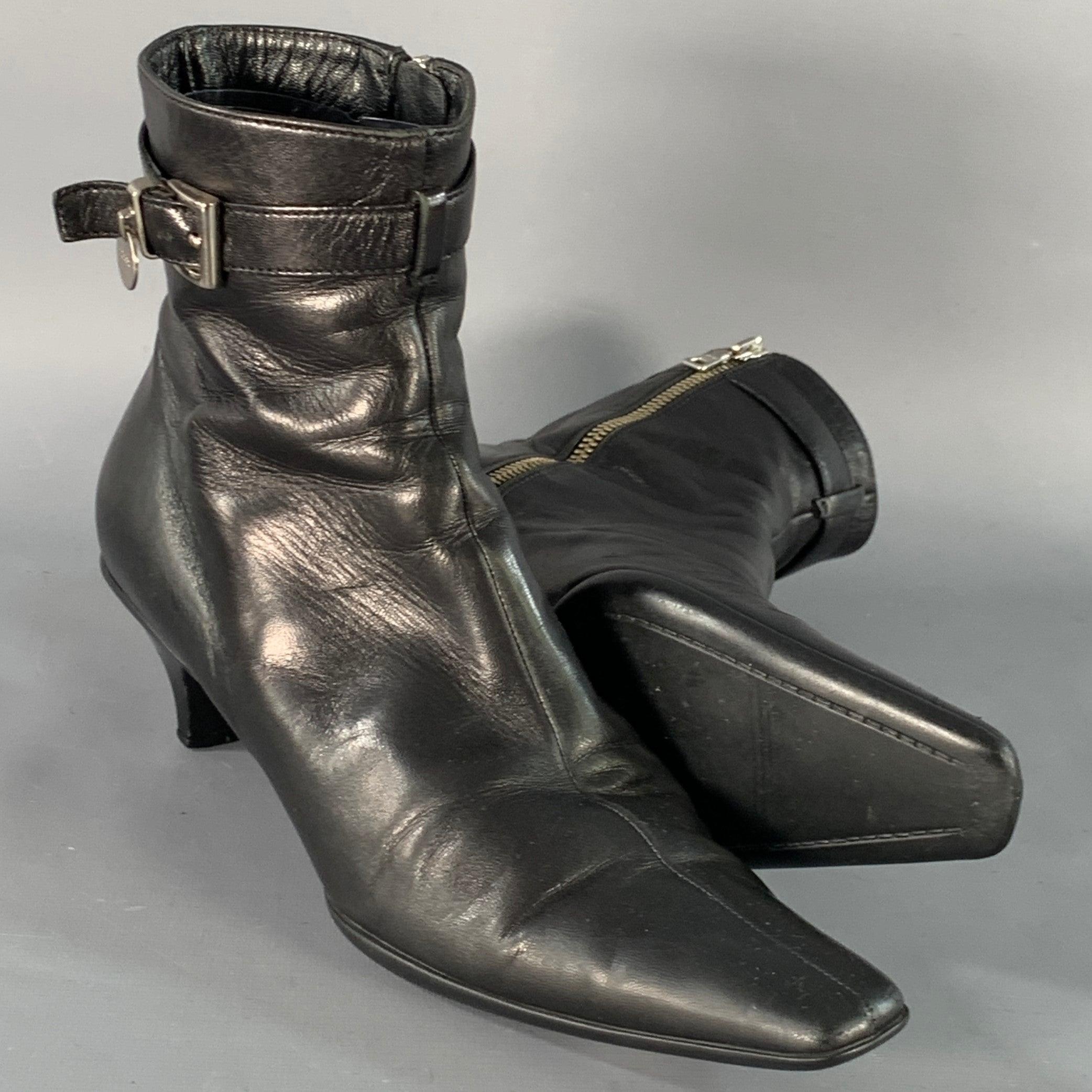 PRADA Size 7 Black Leather Kitten Heel Side Zipper Belted Ankle Boots For Sale 1